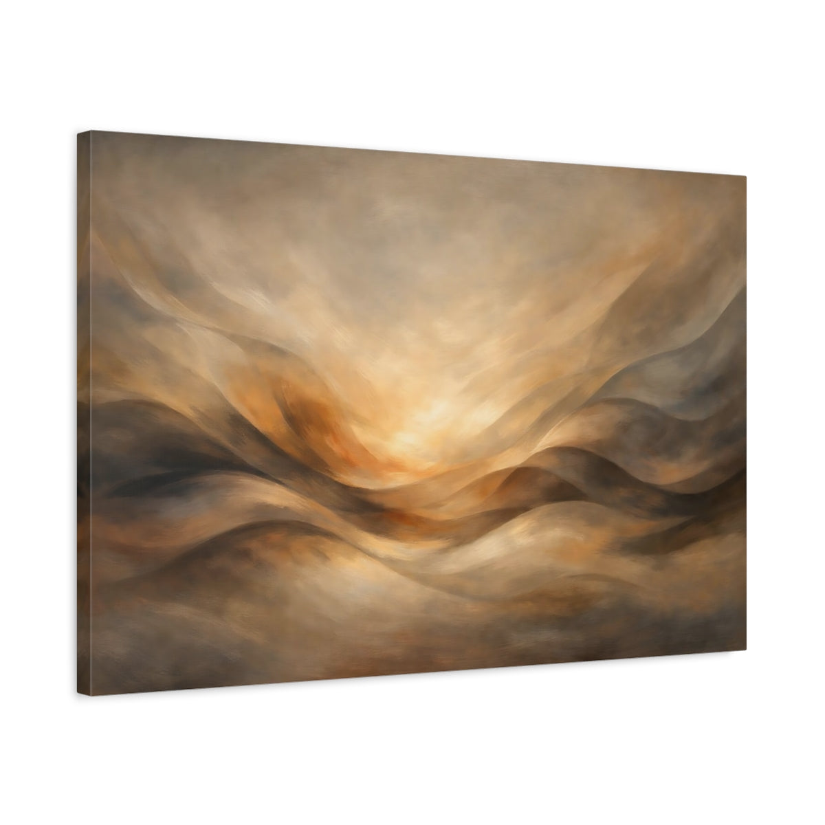 Side Mockup 2. Abstract Abstract Landscape Brown And Gold shown as stretched canvas wall art