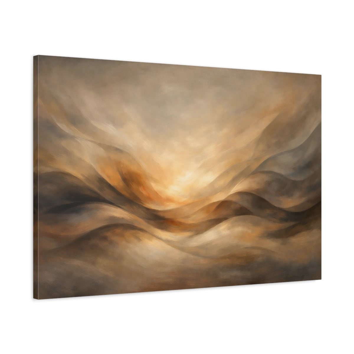 Side Mockup 1. Abstract Abstract Landscape Brown And Gold shown as stretched canvas wall art
