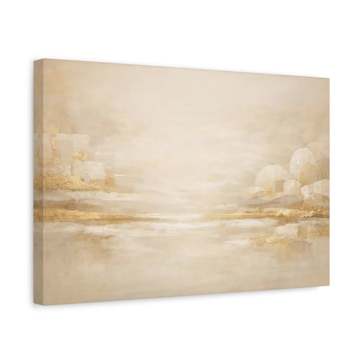 Side Mockup 4. Abstract Abstract Landscape Gold And Cream shown as stretched canvas wall art
