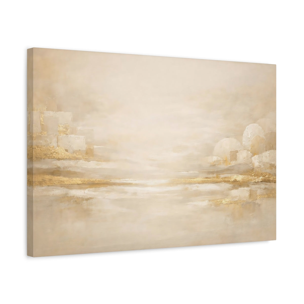 Side Mockup 3. Abstract Abstract Landscape Gold And Cream shown as stretched canvas wall art