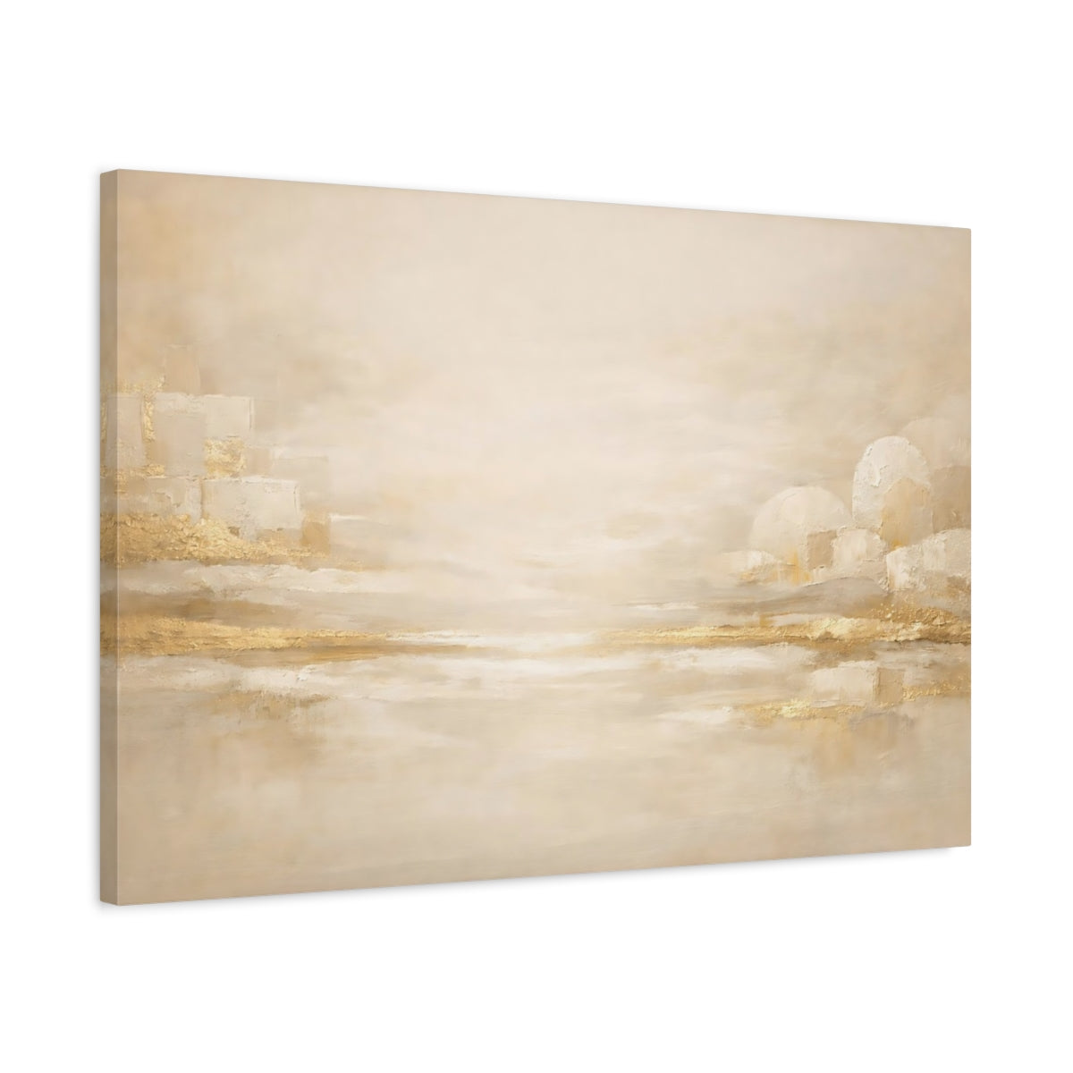 Side Mockup 2. Abstract Abstract Landscape Gold And Cream shown as stretched canvas wall art