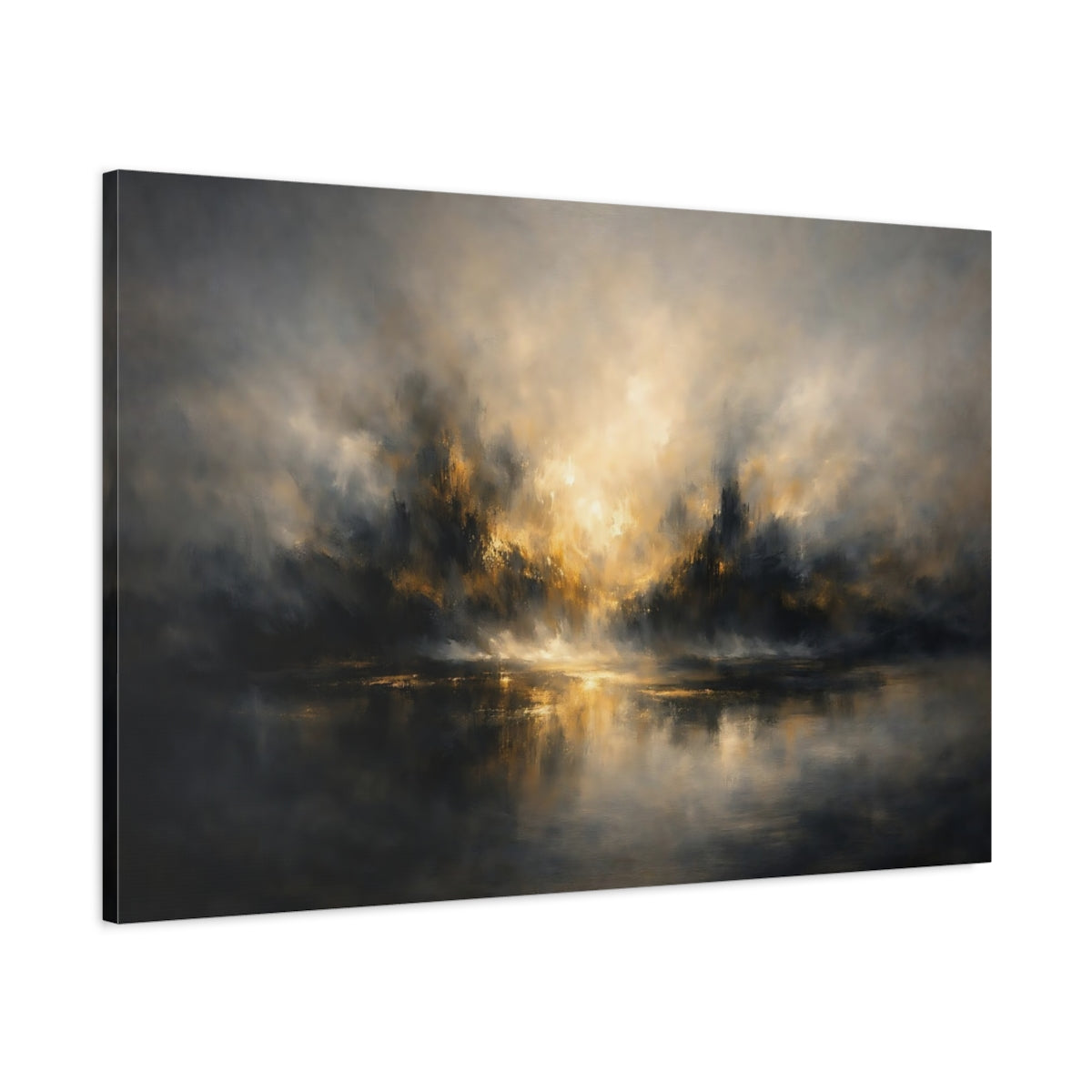 Side Mockup 1. Abstract Abstract Landscape Gold And Grey Abstract shown as stretched canvas wall art