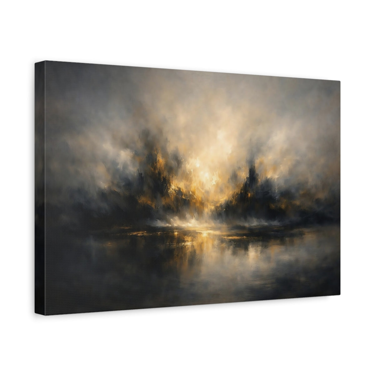 Side Mockup 4. Abstract Abstract Landscape Gold And Grey Abstract shown as stretched canvas wall art