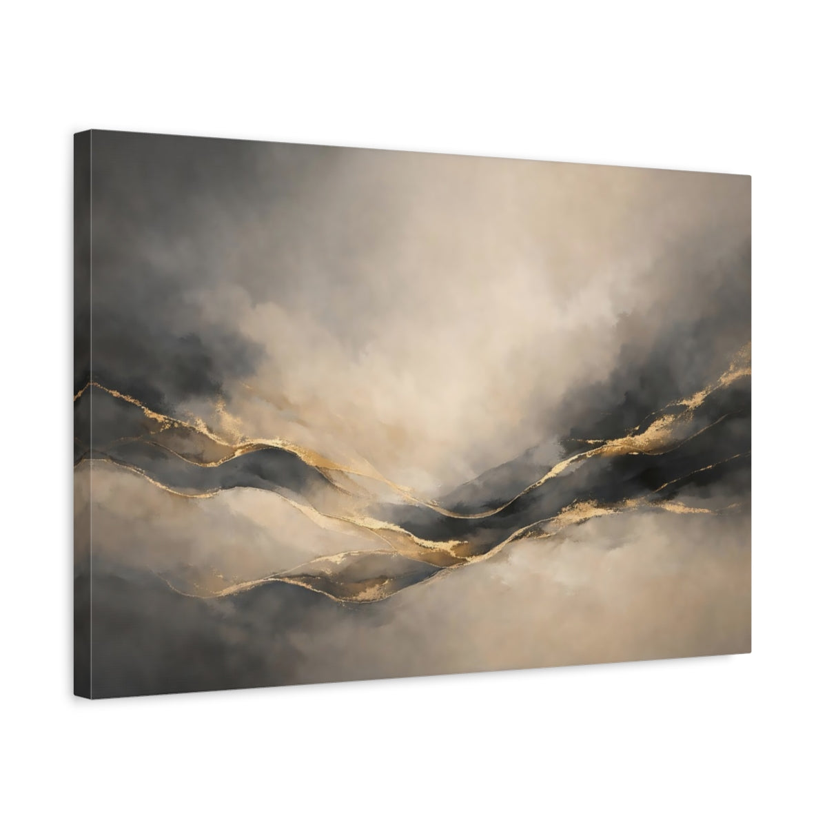 Side Mockup 3. Abstract Abstract Landscape Gray Gold Abstract shown as stretched canvas wall art