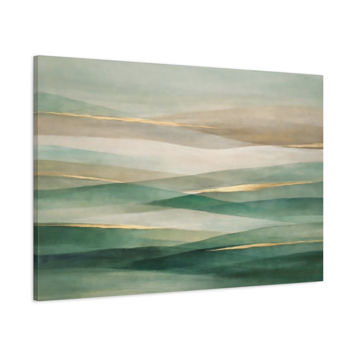 Side Mockup 1. Abstract Abstract Landscape Green Gold Abstract shown as stretched canvas wall art