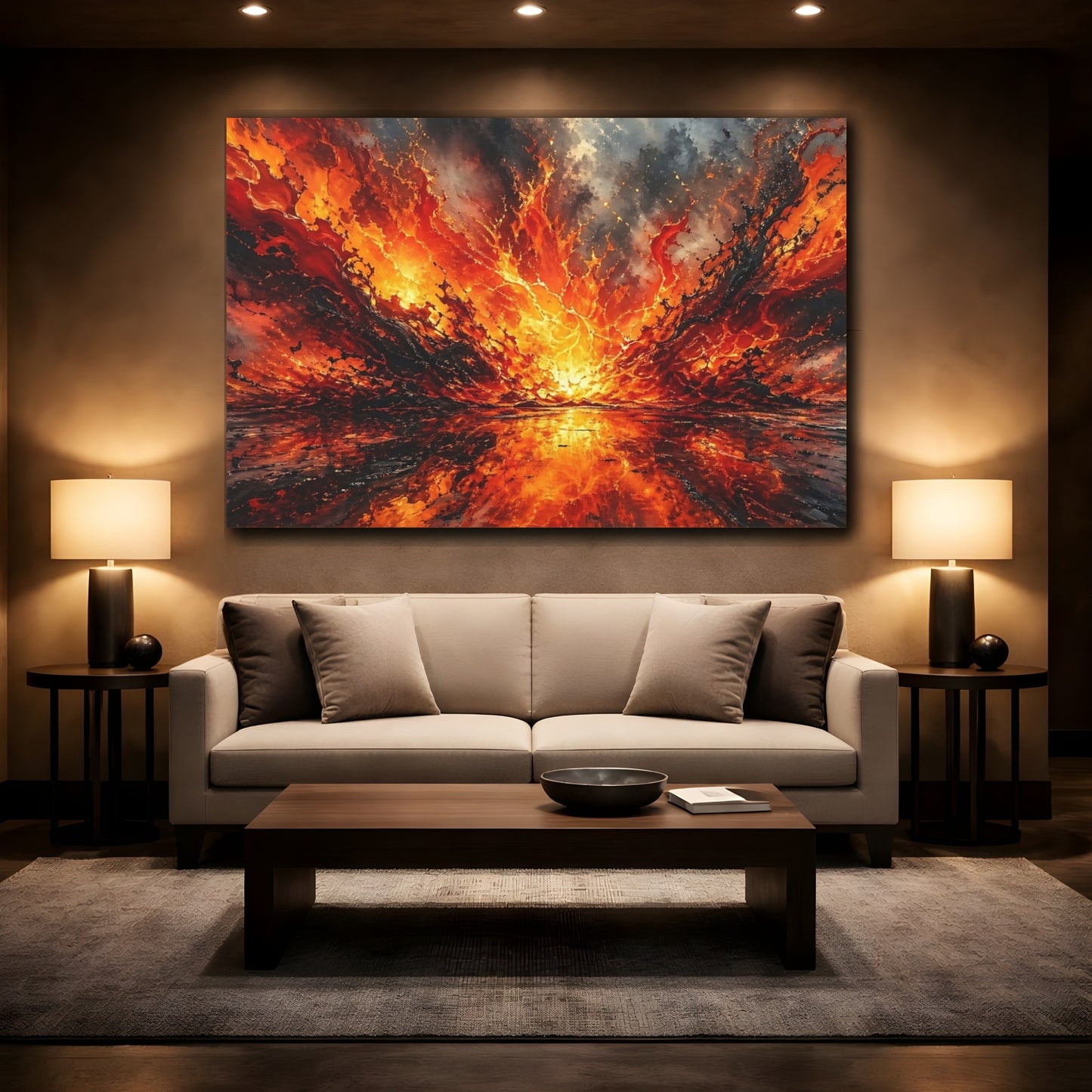Mockup 2. Abstract Lava Explosion Orange And Black Abstract shown as stretched canvas wall art