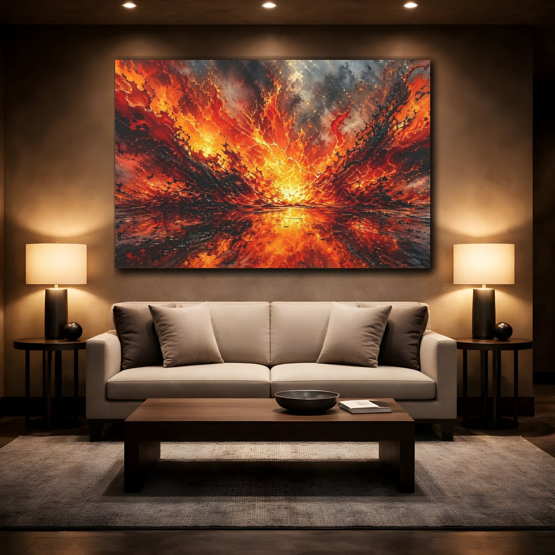 Mockup 2. Abstract Lava Explosion Orange And Black Abstract shown as stretched canvas wall art