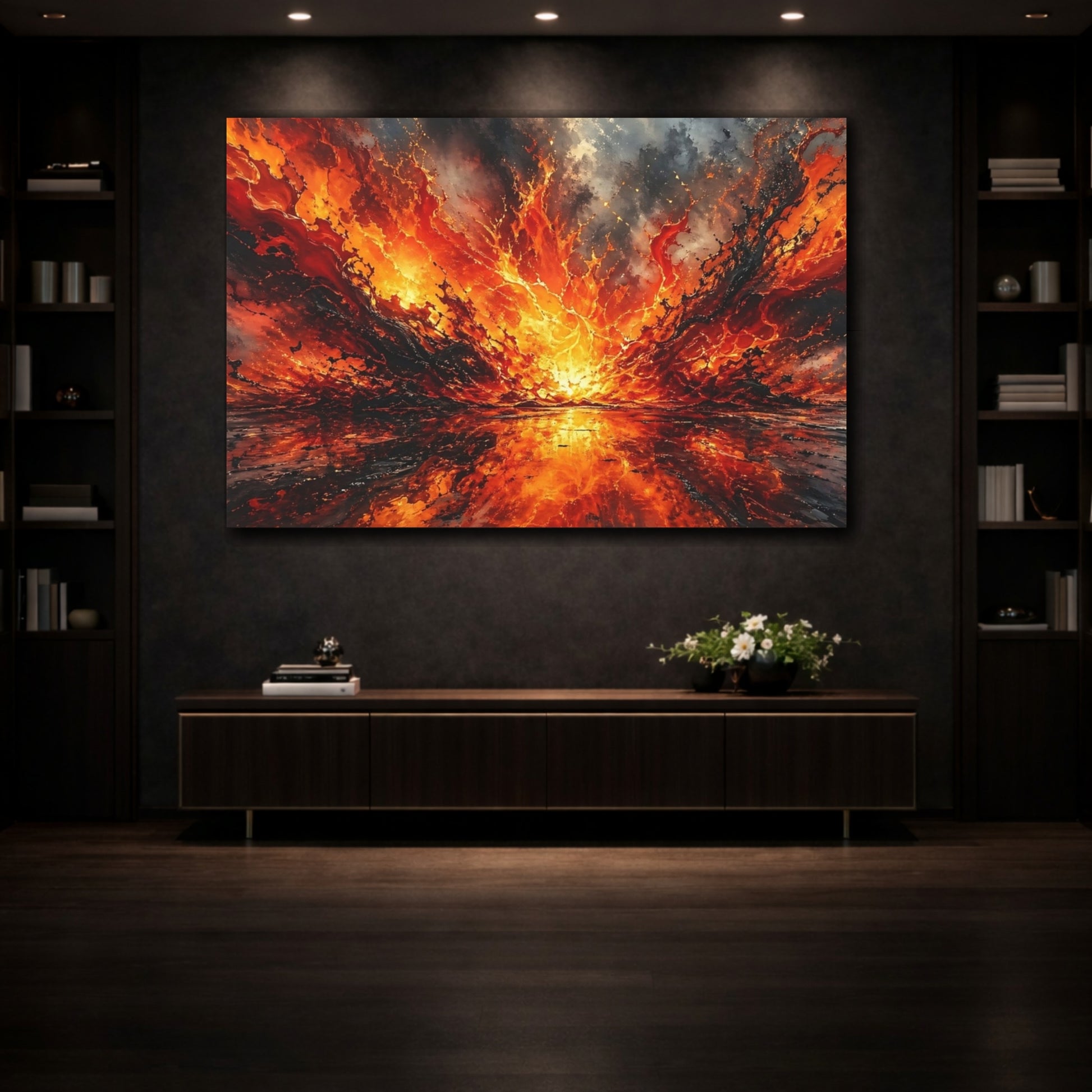 Mockup 3. Abstract Lava Explosion Orange And Black Abstract shown as stretched canvas wall art