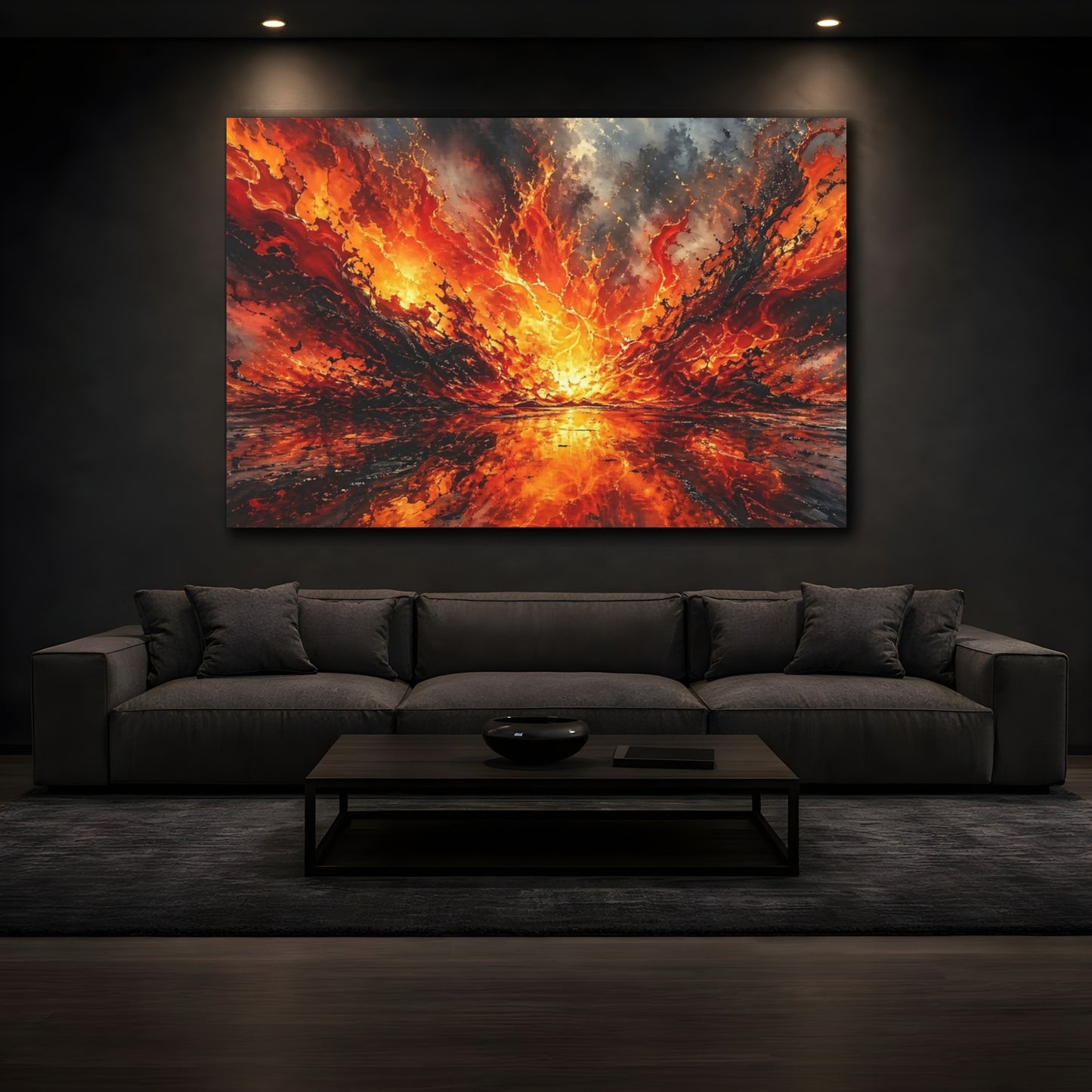 Mockup 4. Abstract Lava Explosion Orange And Black Abstract shown as stretched canvas wall art