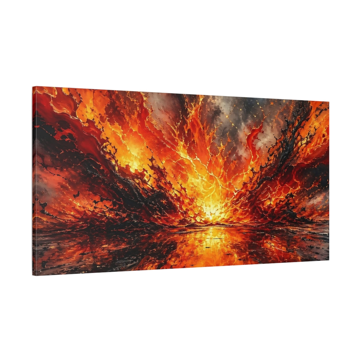 Side Mockup 2. Abstract Lava Explosion Orange And Black shown as stretched canvas wall art