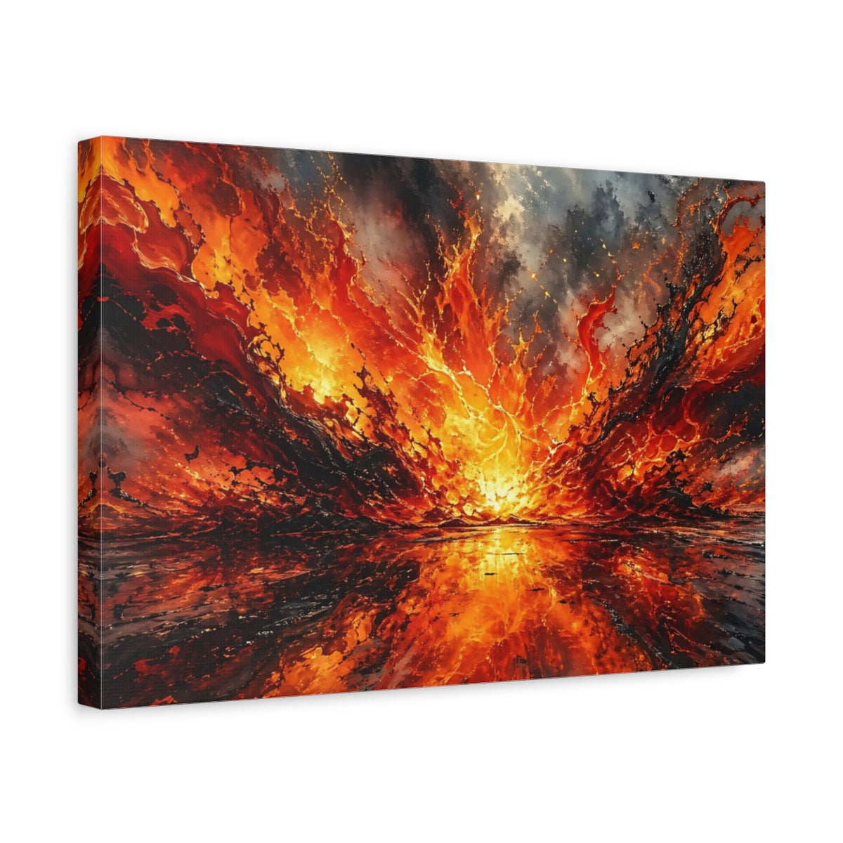 Side Mockup 4. Abstract Lava Explosion Orange And Black Abstract shown as stretched canvas wall art