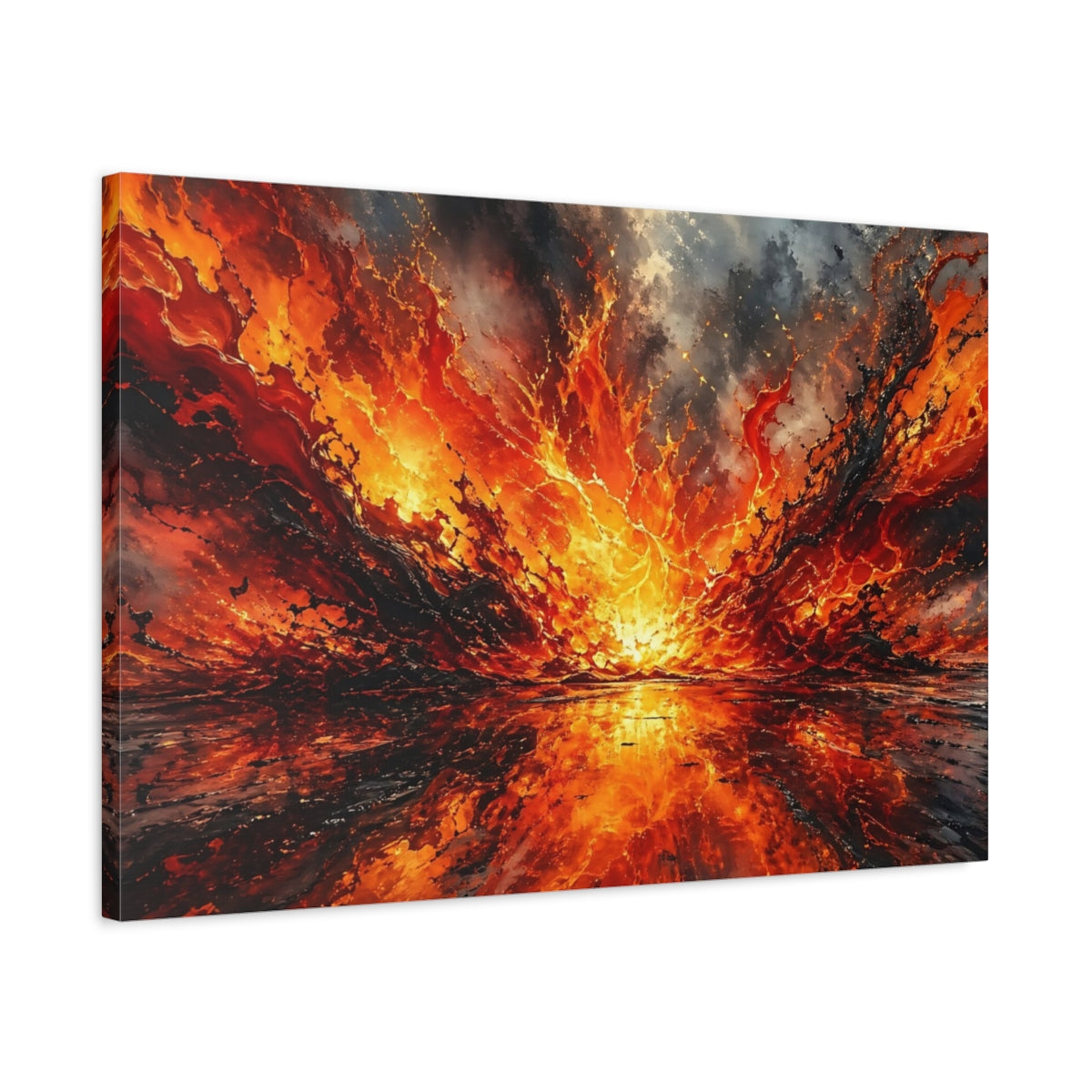 Side Mockup 2. Abstract Lava Explosion Orange And Black Abstract shown as stretched canvas wall art
