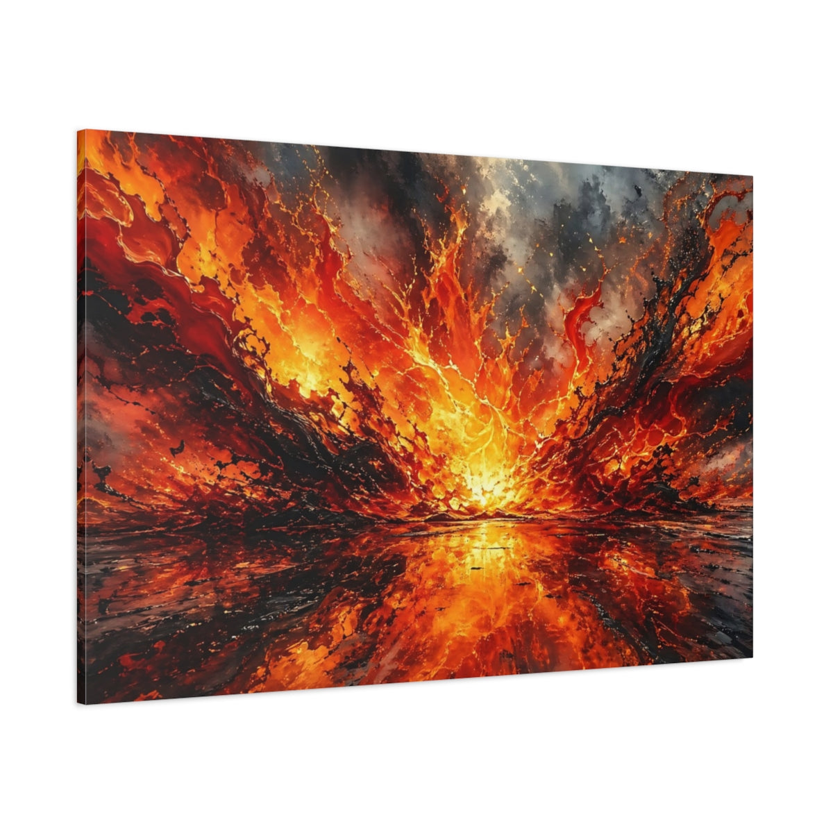 Side Mockup 1. Abstract Lava Explosion Orange And Black Abstract shown as stretched canvas wall art