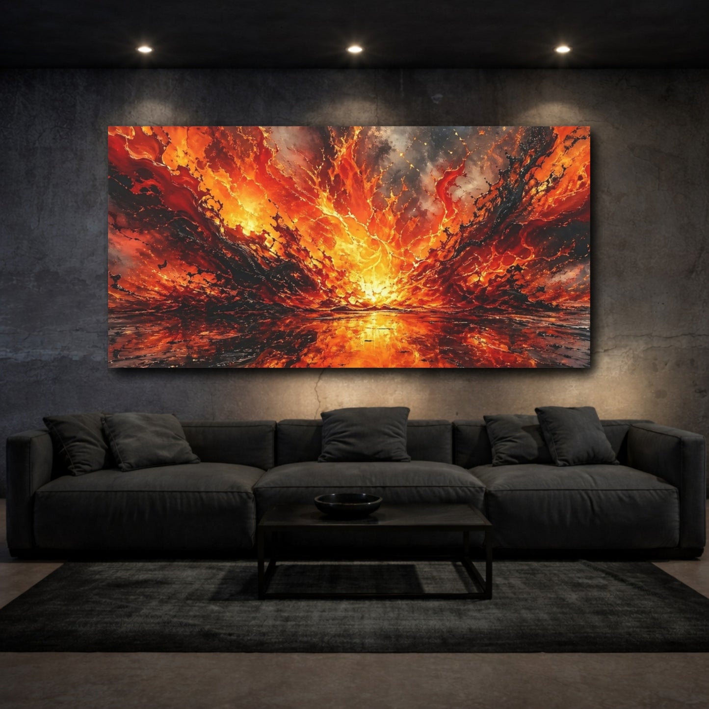 Mockup 2. Abstract Lava Explosion Orange And Black shown as stretched canvas wall art