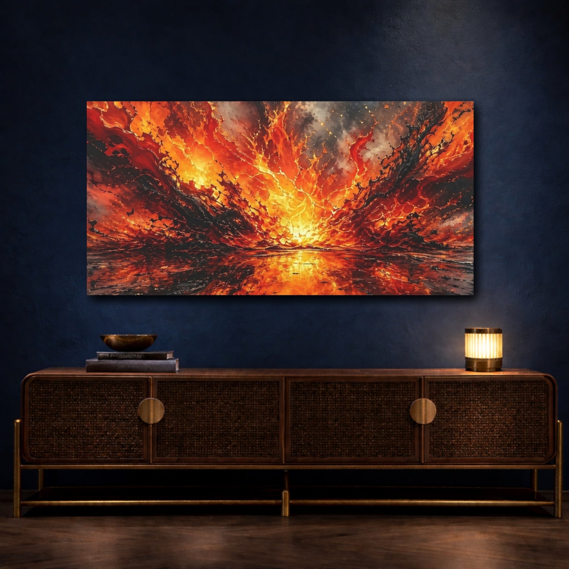 Mockup 3. Abstract Lava Explosion Orange And Black shown as stretched canvas wall art