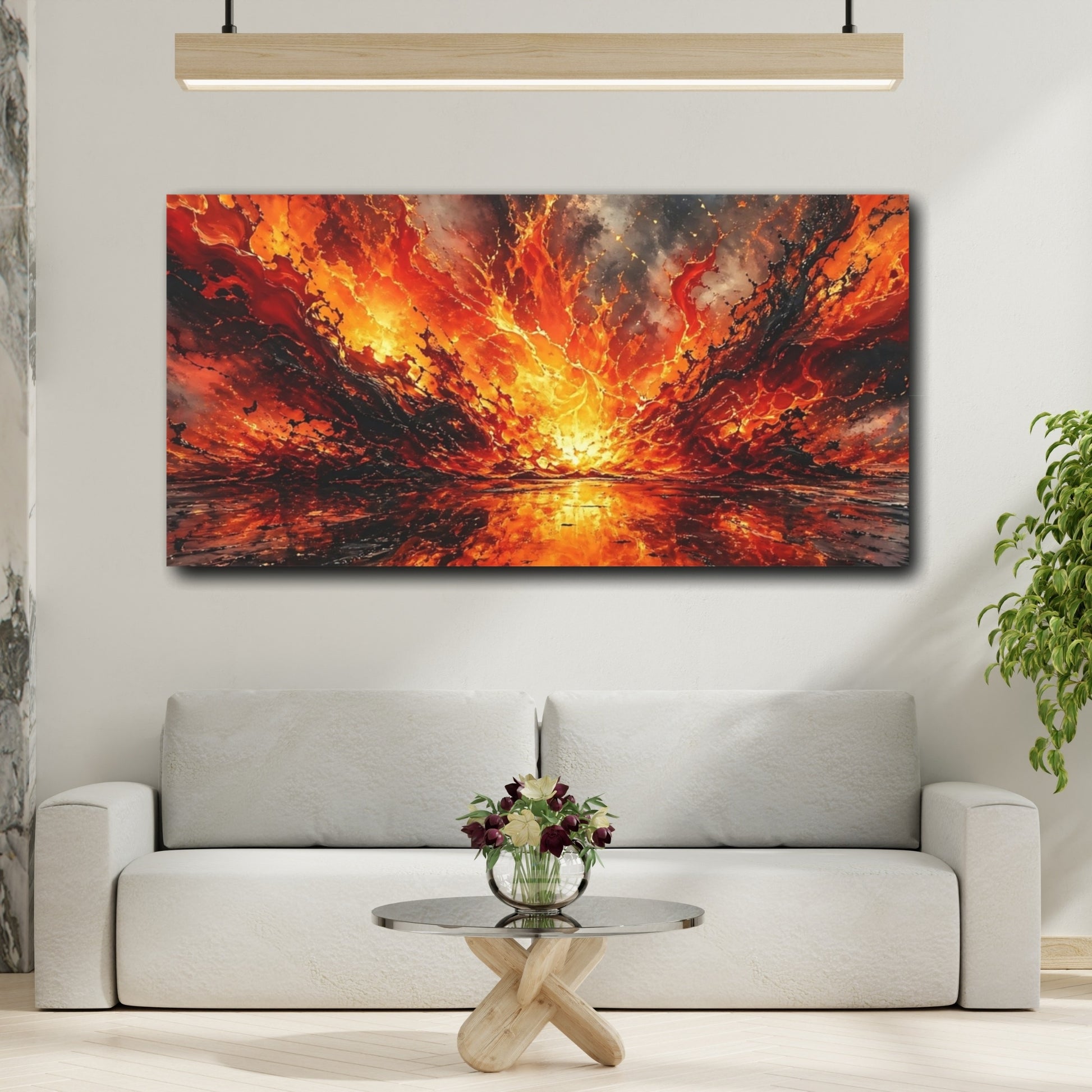Mockup 4. Abstract Lava Explosion Orange And Black shown as stretched canvas wall art