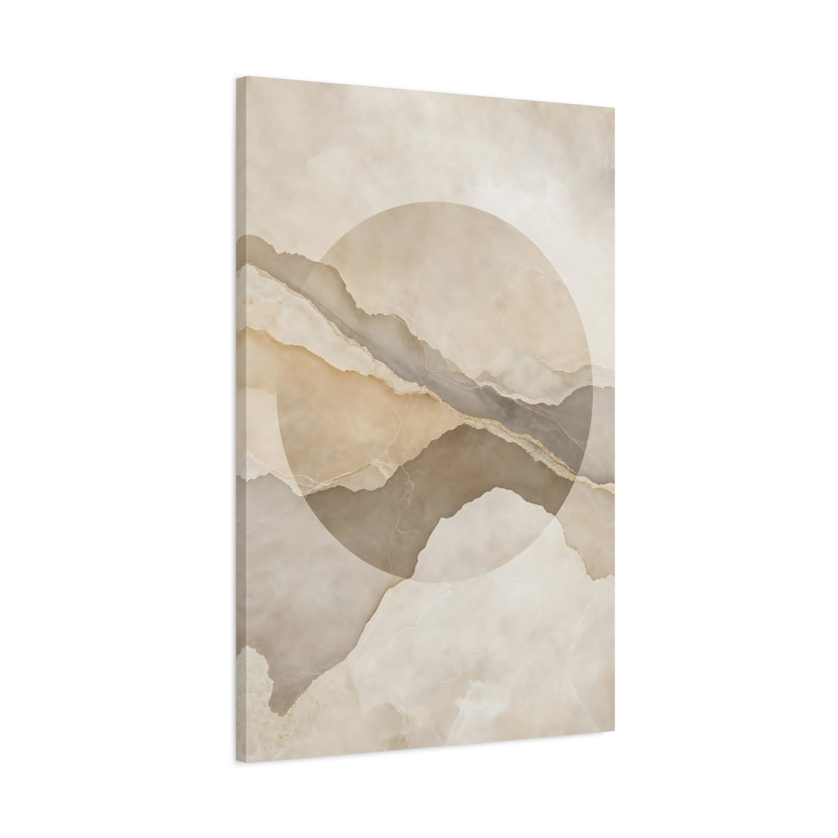 Main Mockup. Abstract Layered Abstract Beige And Brown shown as stretched canvas wall art