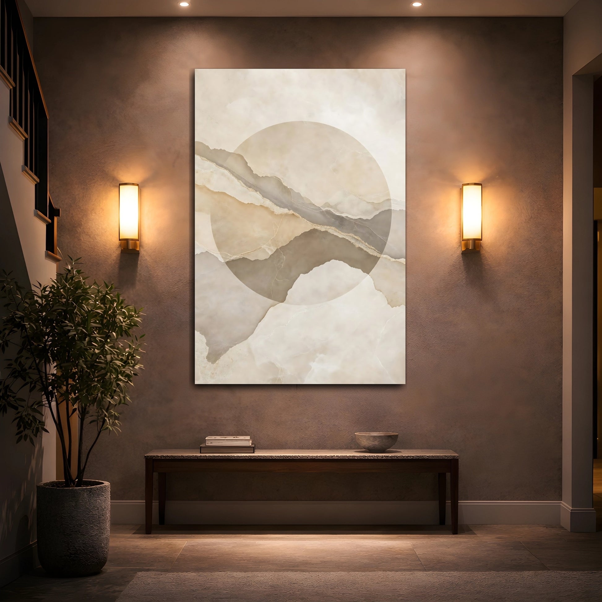 Mockup 2. Abstract Layered Abstract Beige And Brown shown as stretched canvas wall art