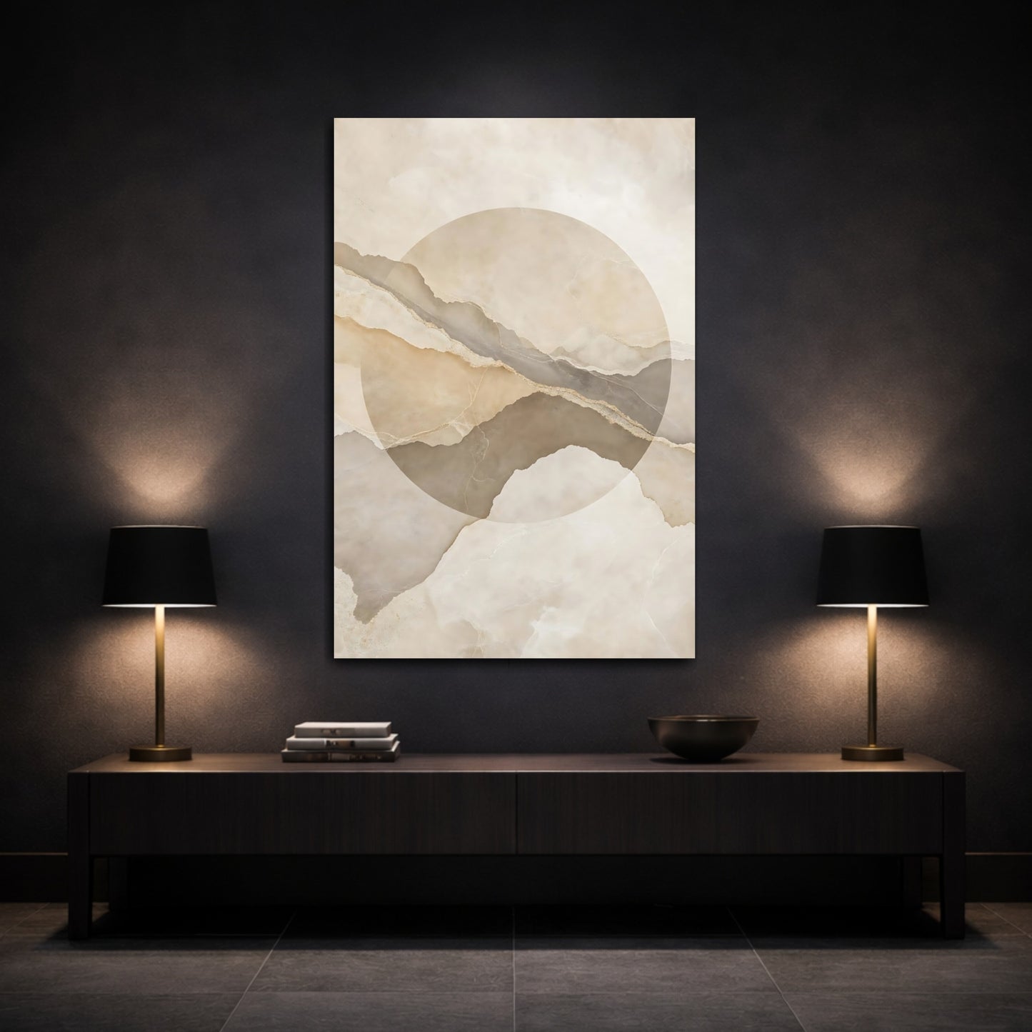 Mockup 3. Abstract Layered Abstract Beige And Brown shown as stretched canvas wall art