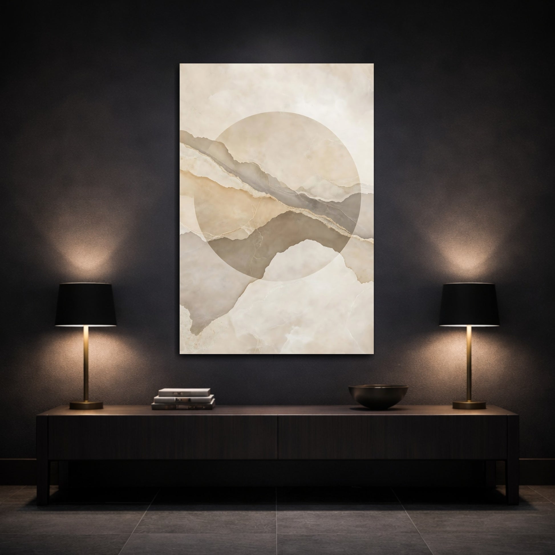 Mockup 3. Abstract Layered Abstract Beige And Brown shown as stretched canvas wall art