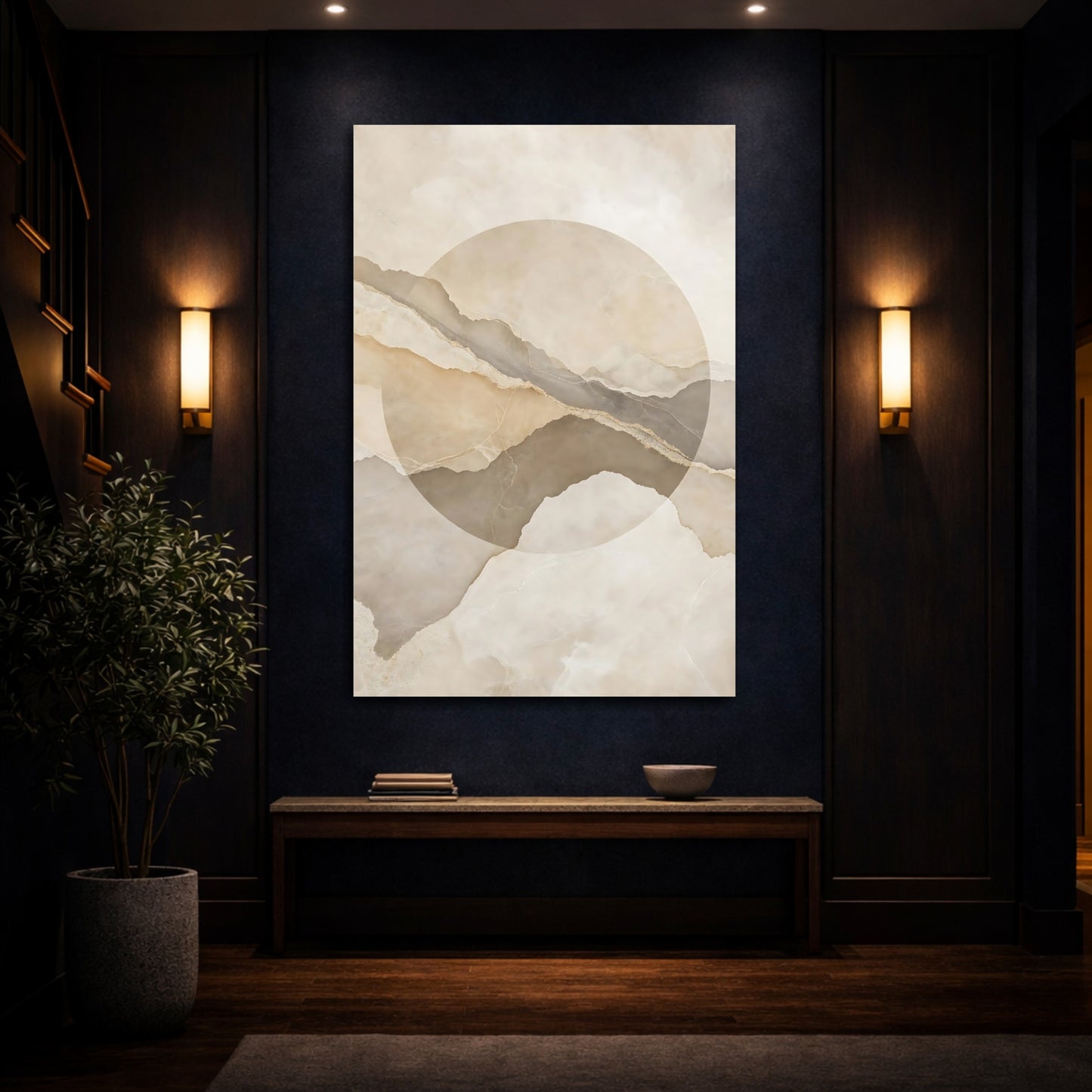 Mockup 4. Abstract Layered Abstract Beige And Brown shown as stretched canvas wall art