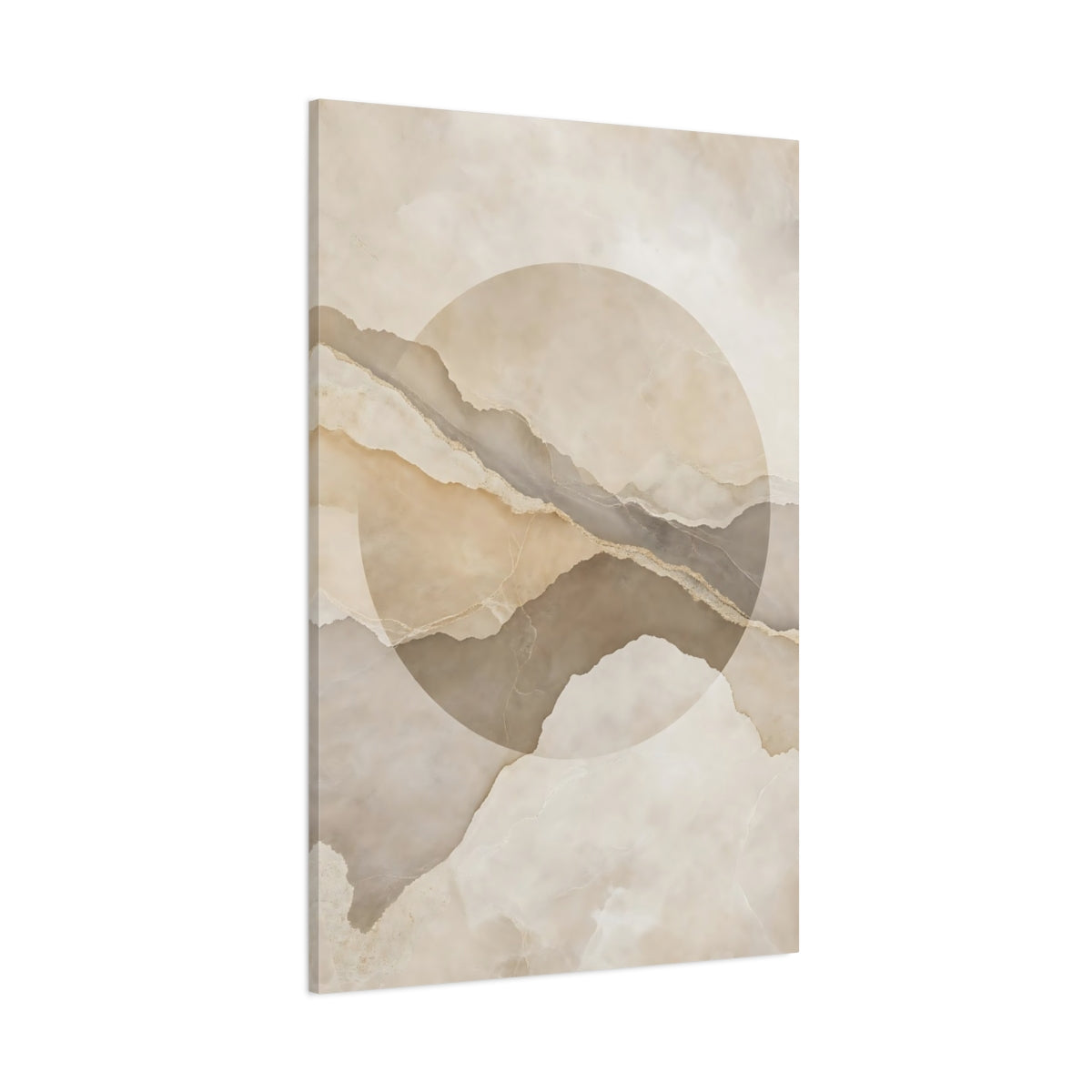 Side Mockup 1. Abstract Layered Abstract Beige And Brown shown as stretched canvas wall art
