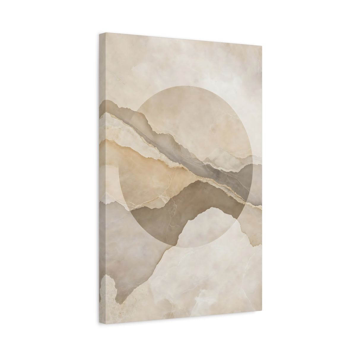 Side Mockup 3. Abstract Layered Abstract Beige And Brown shown as stretched canvas wall art