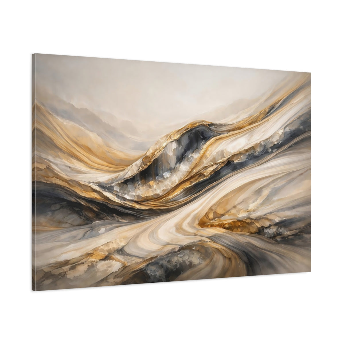 Main Mockup. Abstract Layered Textures Gold Grey Abstract shown as stretched canvas wall art