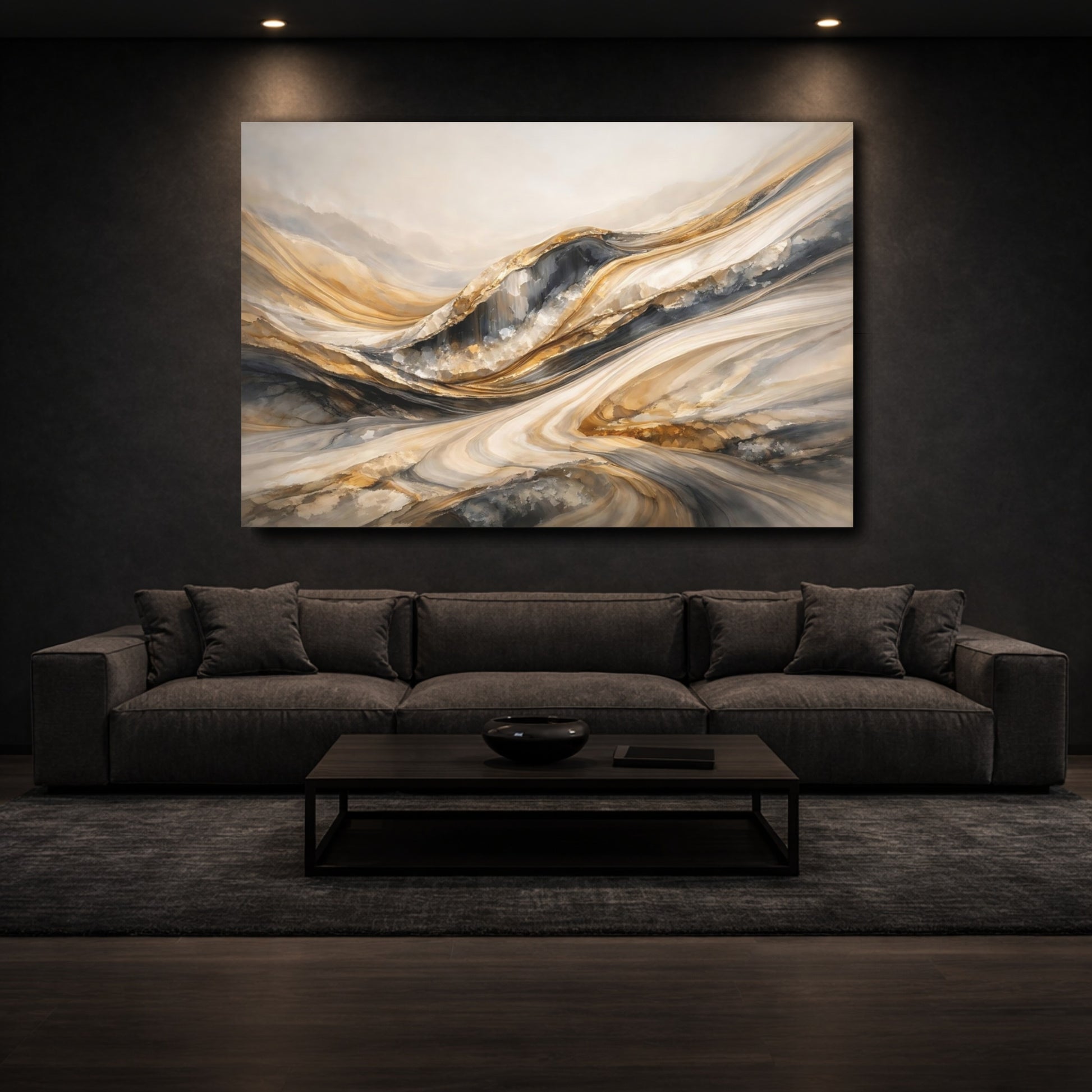 Mockup 2. Abstract Layered Textures Gold Grey Abstract shown as stretched canvas wall art