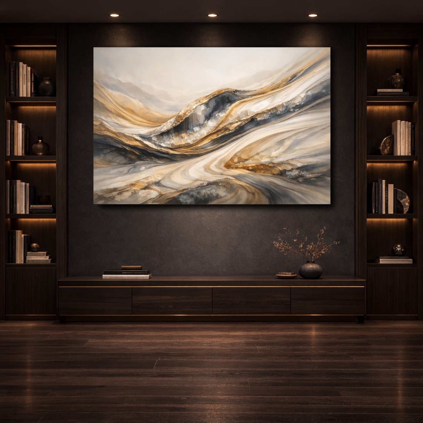 Mockup 3. Abstract Layered Textures Gold Grey Abstract shown as stretched canvas wall art