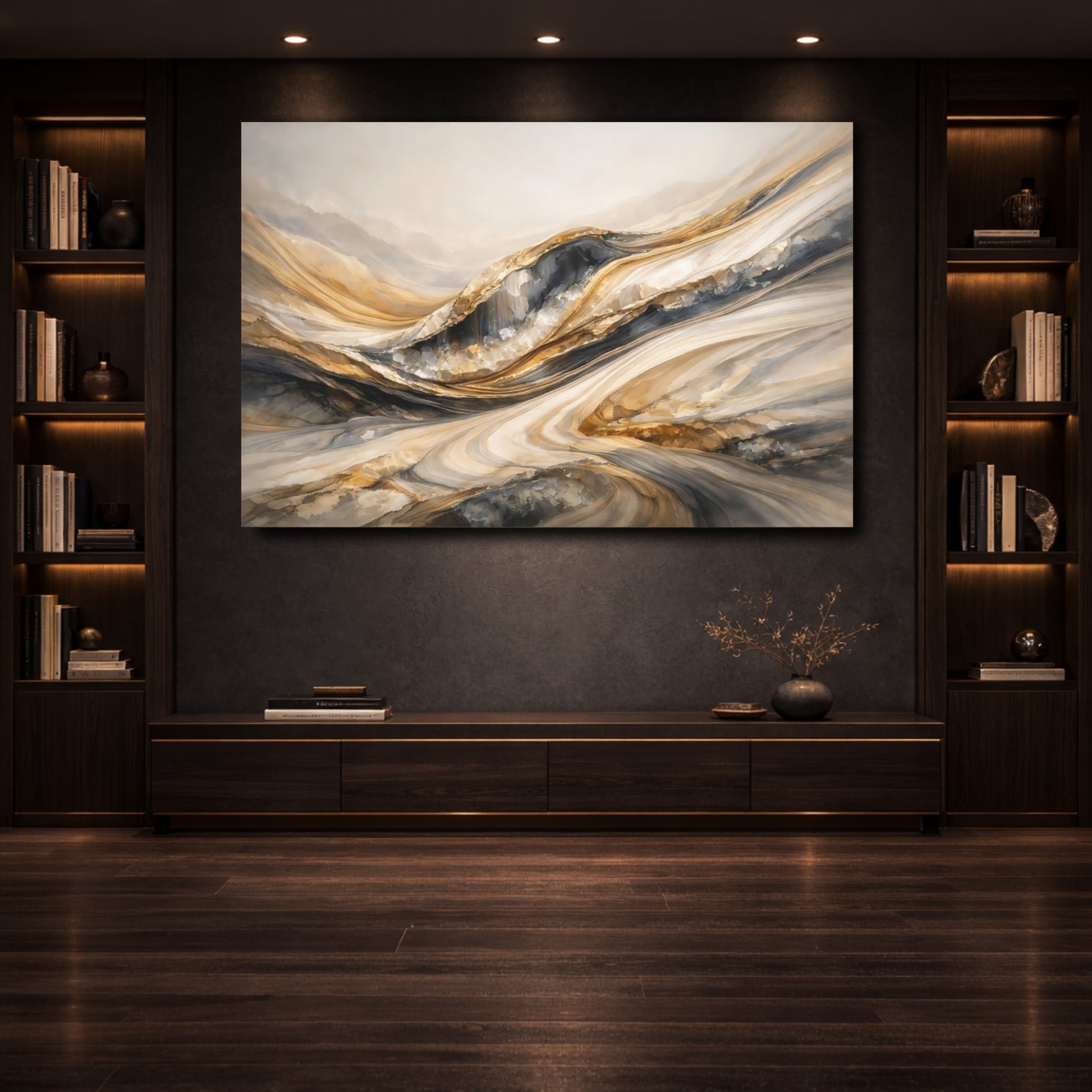 Mockup 3. Abstract Layered Textures Gold Grey Abstract shown as stretched canvas wall art