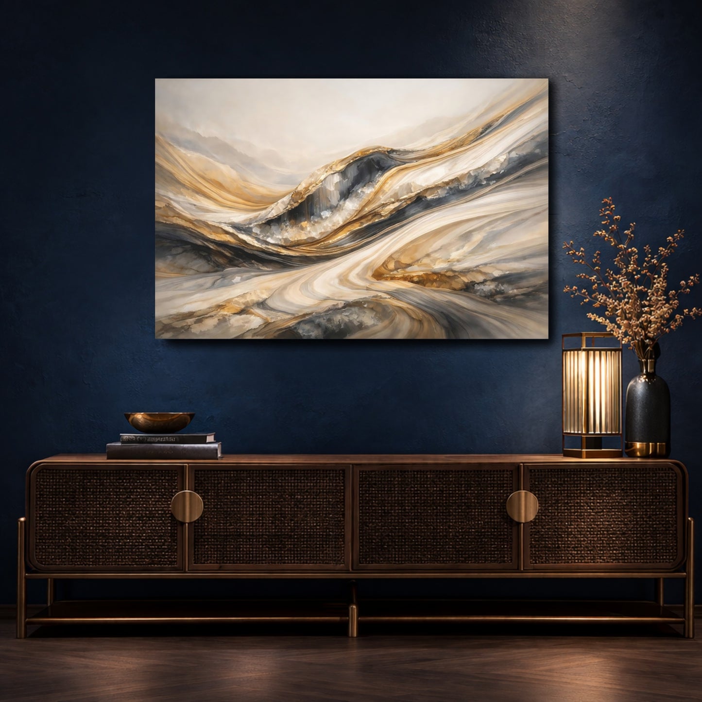 Mockup 4. Abstract Layered Textures Gold Grey Abstract shown as stretched canvas wall art