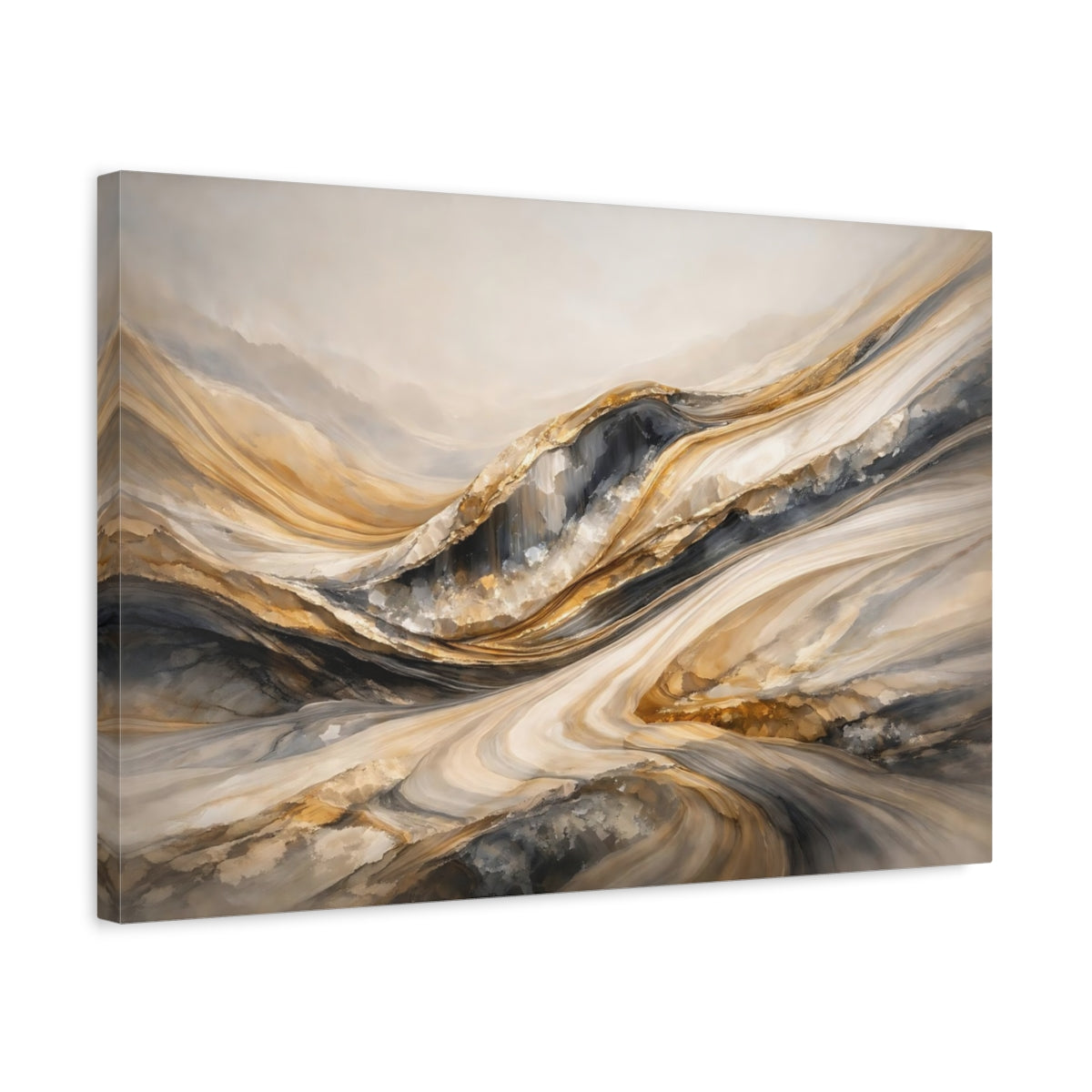 Side Mockup 3. Abstract Layered Textures Gold Grey Abstract shown as stretched canvas wall art