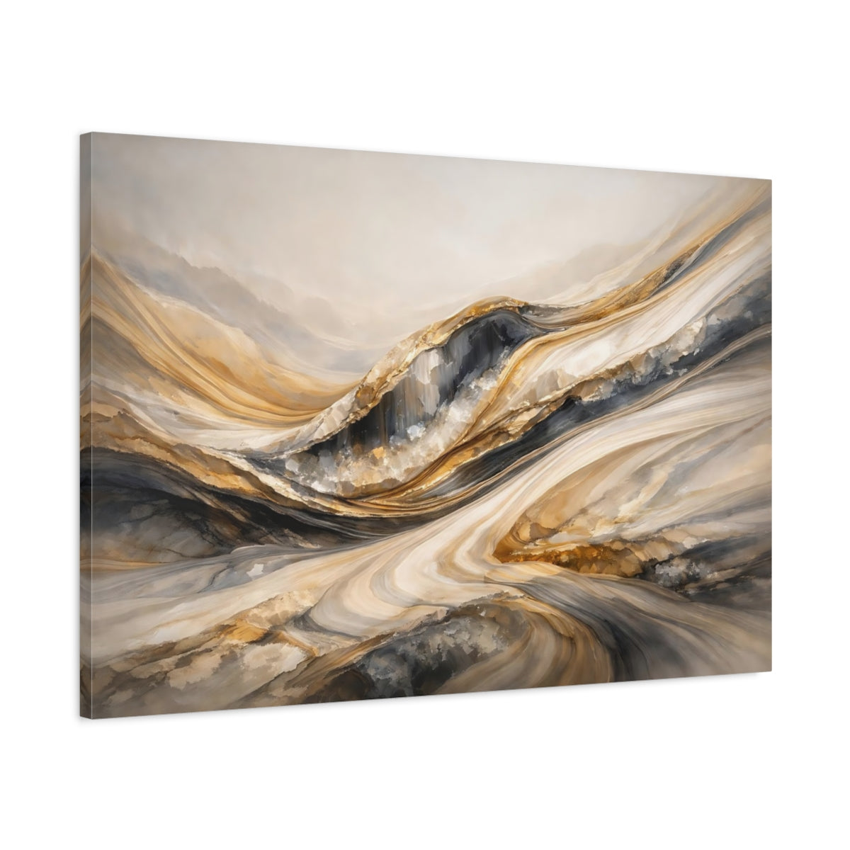 Side Mockup 1. Abstract Layered Textures Gold Grey Abstract shown as stretched canvas wall art