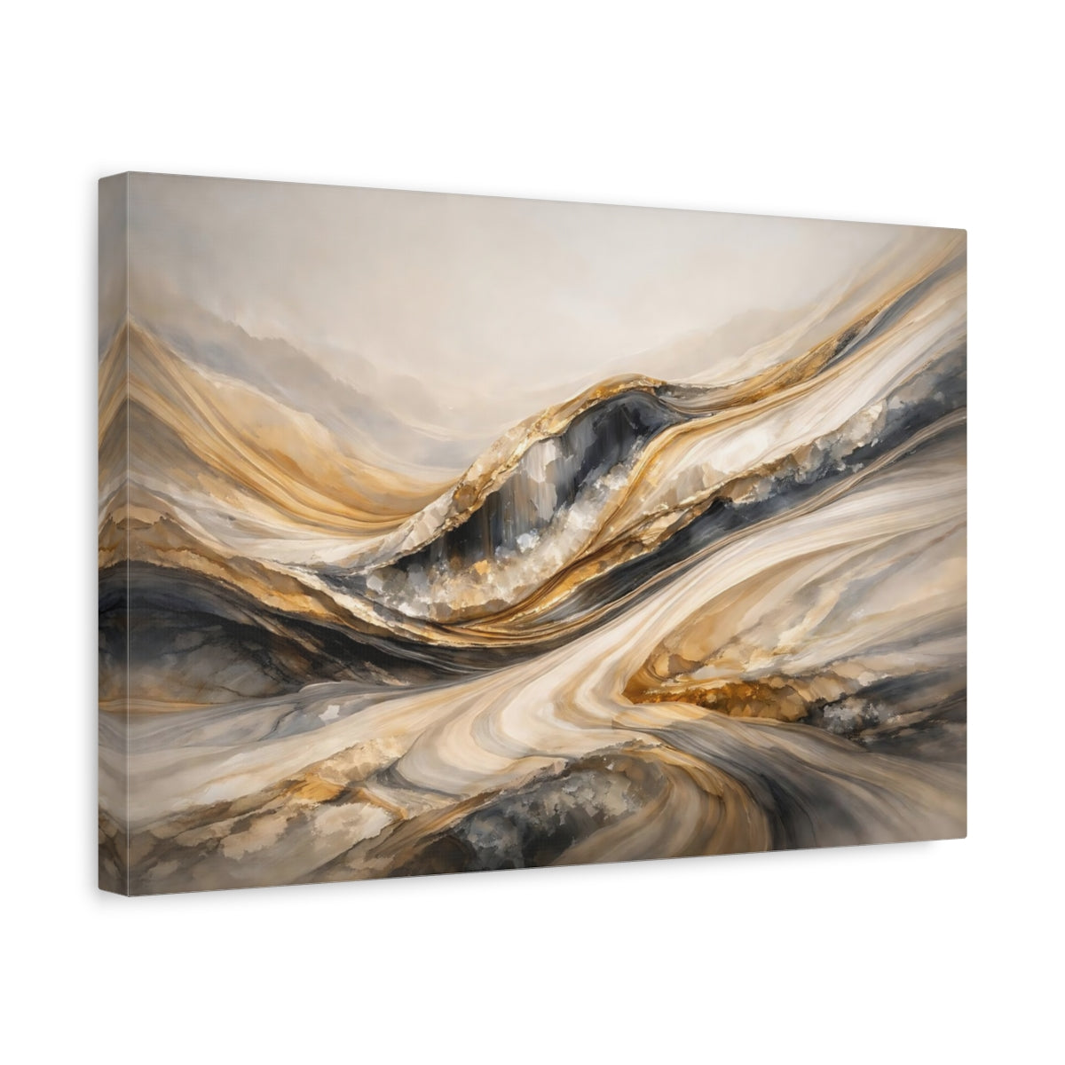 Side Mockup 4. Abstract Layered Textures Gold Grey Abstract shown as stretched canvas wall art