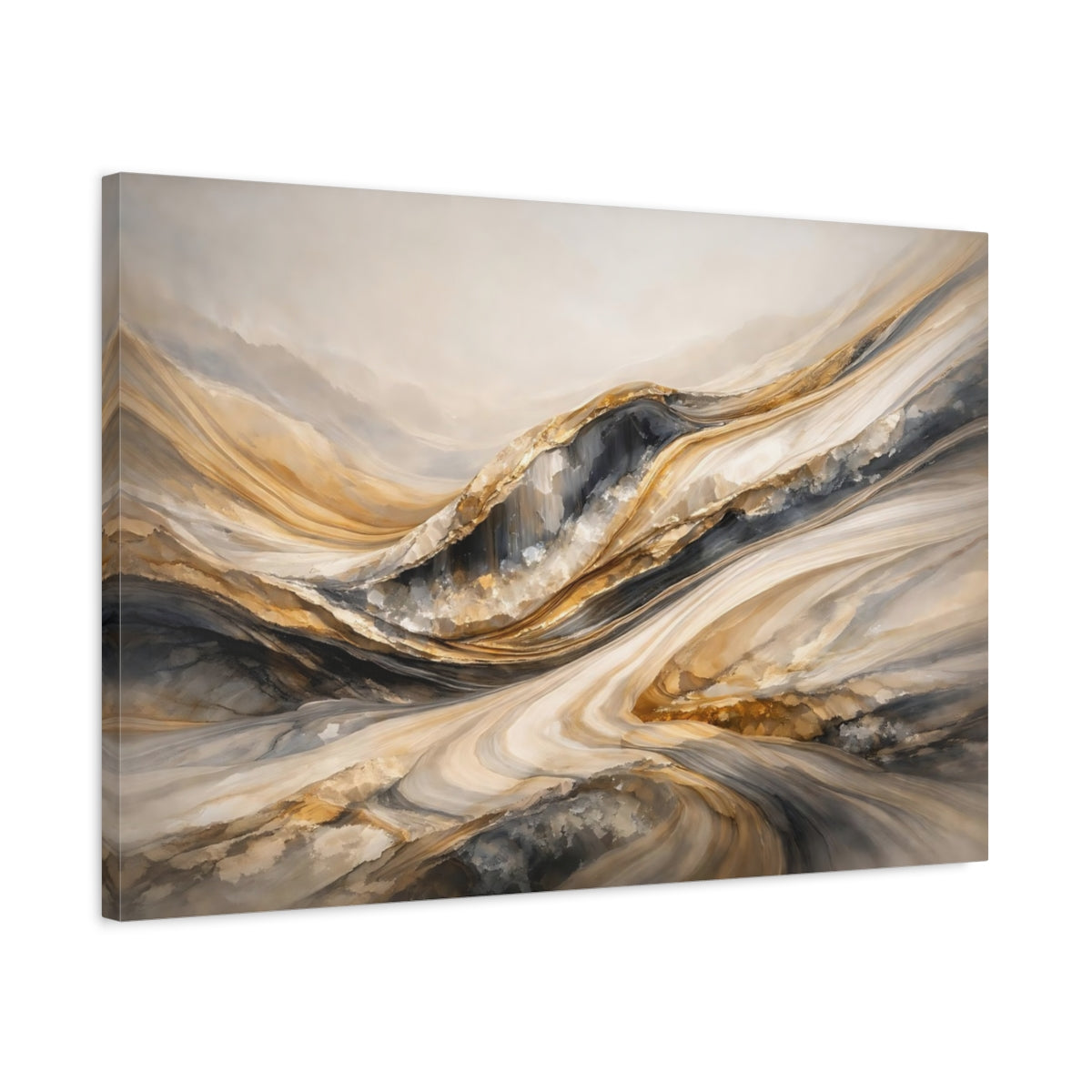 Side Mockup 2. Abstract Layered Textures Gold Grey Abstract shown as stretched canvas wall art