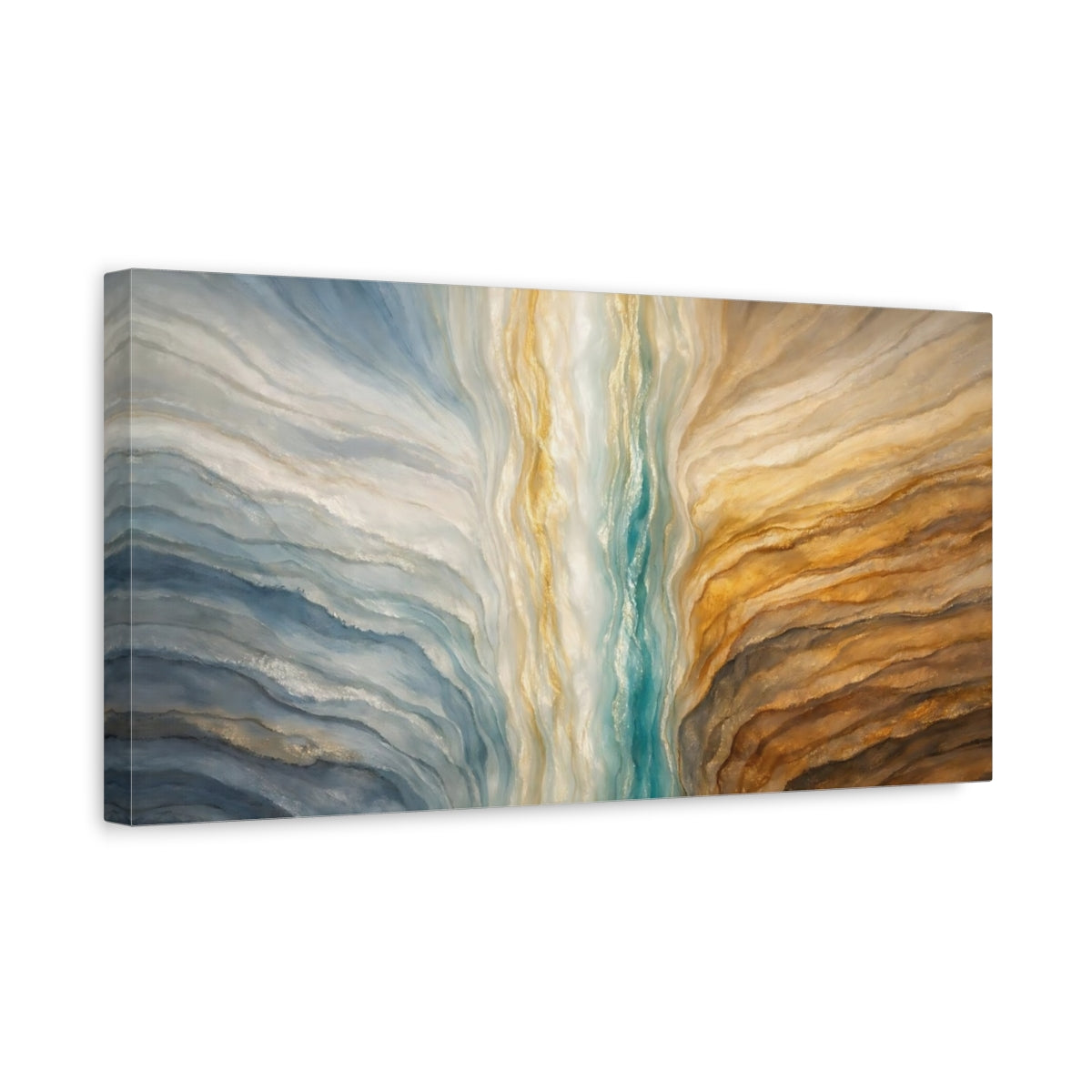 Side Mockup 3. Abstract Abstract Layers Blue Gold Teal shown as stretched canvas wall art
