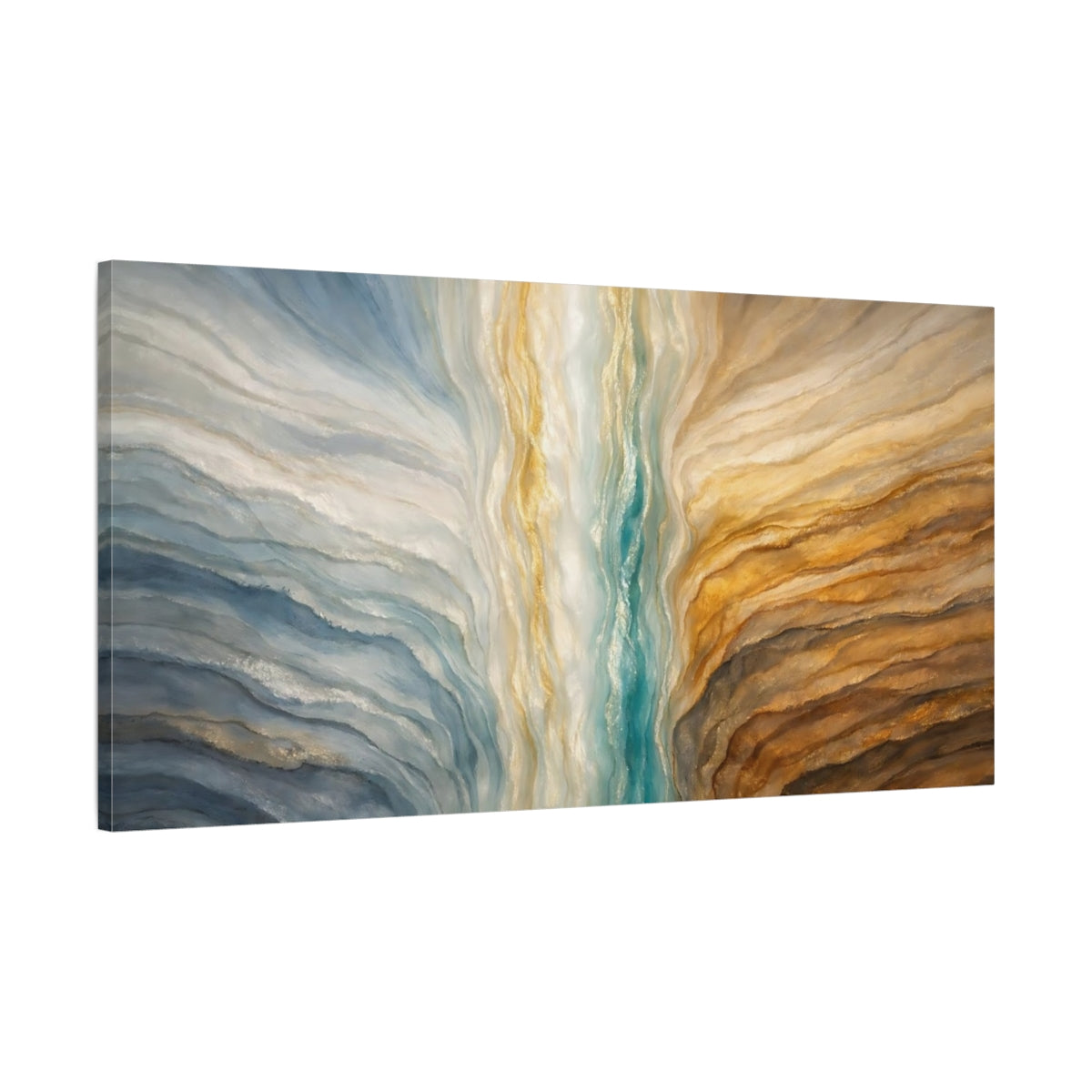 Side Mockup 1. Abstract Abstract Layers Blue Gold Teal shown as stretched canvas wall art