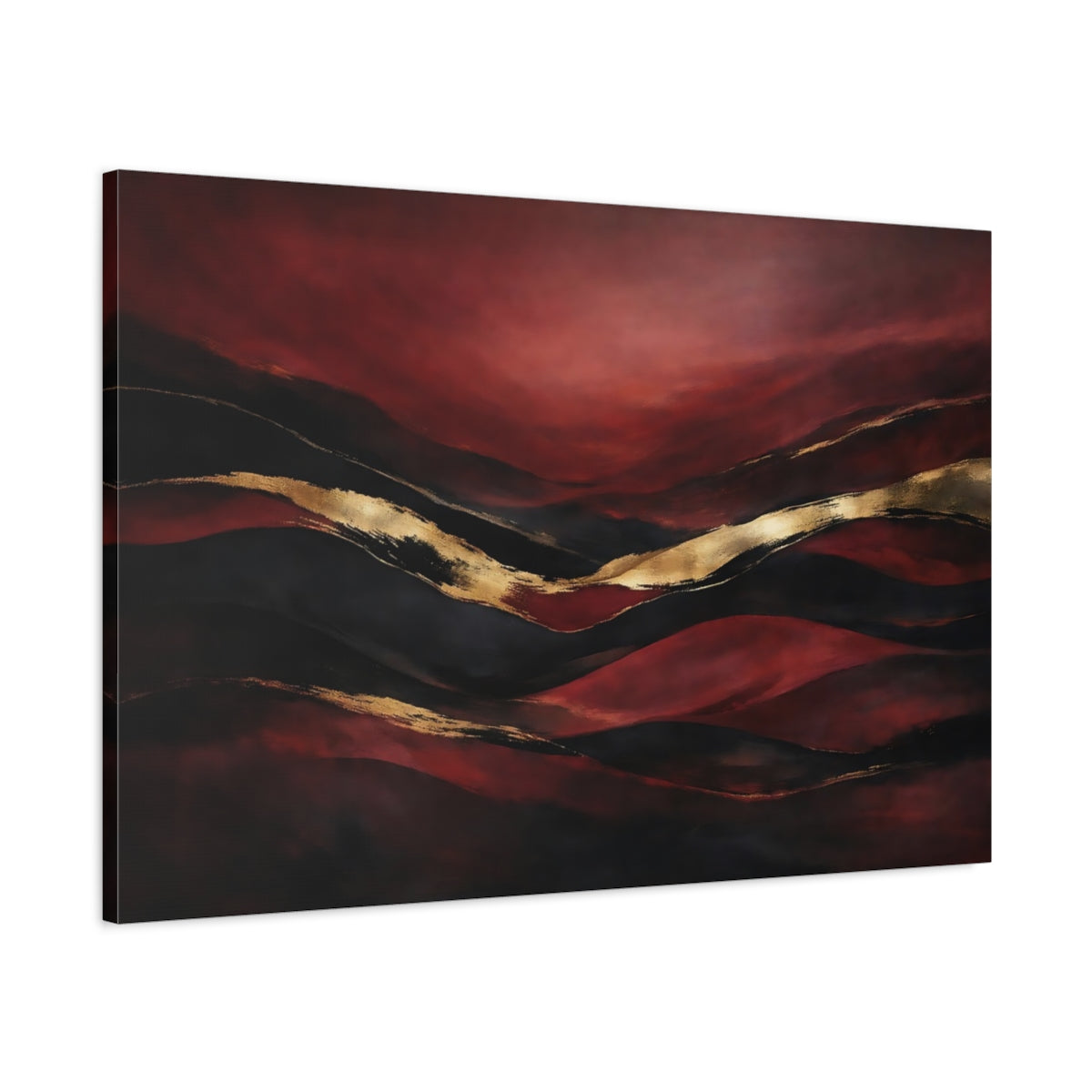 Side Mockup 1. Abstract Abstract Layers Red Black Gold Abstract shown as stretched canvas wall art