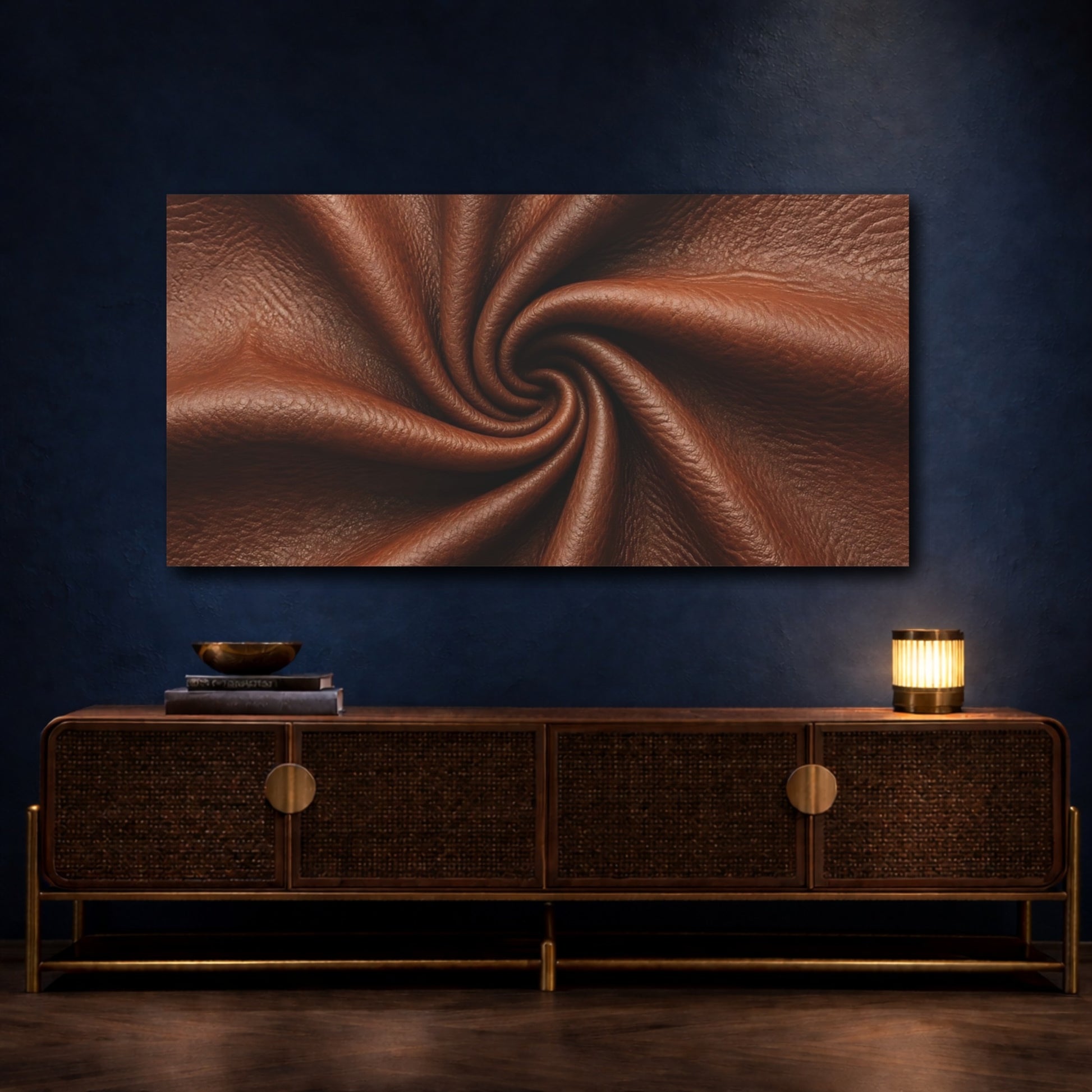 Mockup 4. Abstract Leather Brown Leather shown as stretched canvas wall art