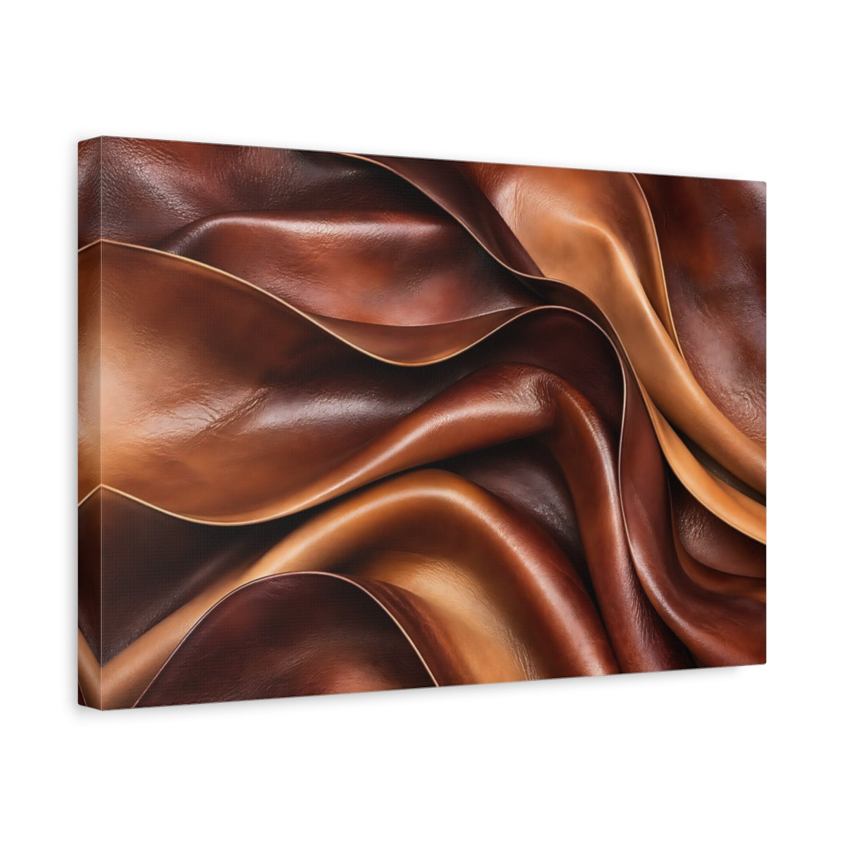 Side Mockup 4. Abstract Leather Folds Brown And Tan shown as stretched canvas wall art
