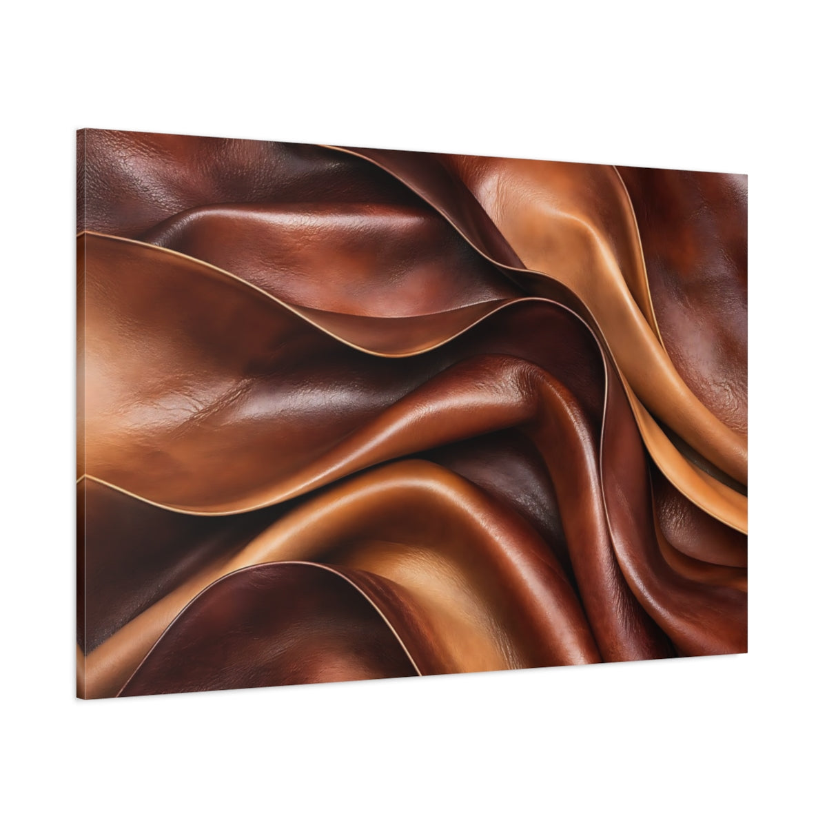 Side Mockup 1. Abstract Leather Folds Brown And Tan shown as stretched canvas wall art