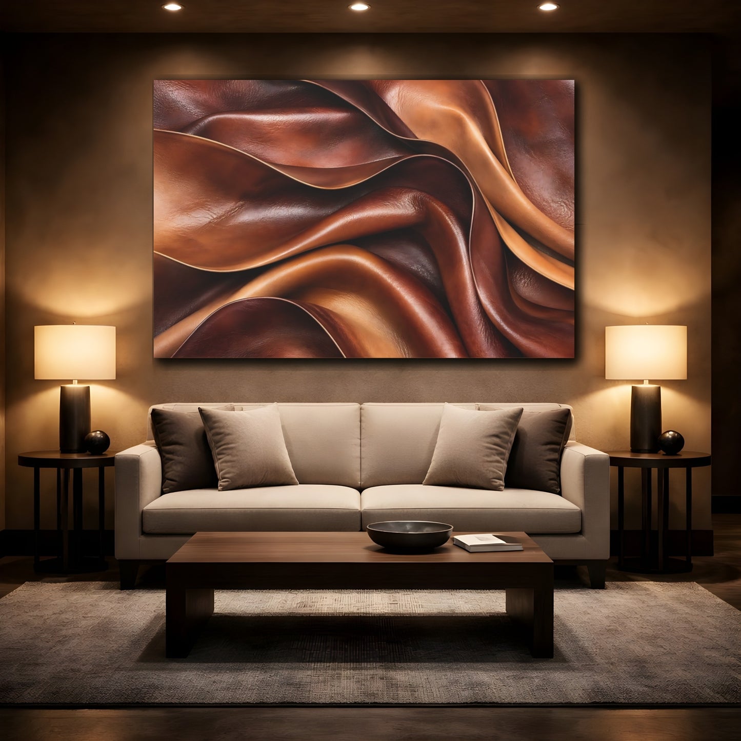 Mockup 2. Abstract Leather Folds Brown And Tan shown as stretched canvas wall art
