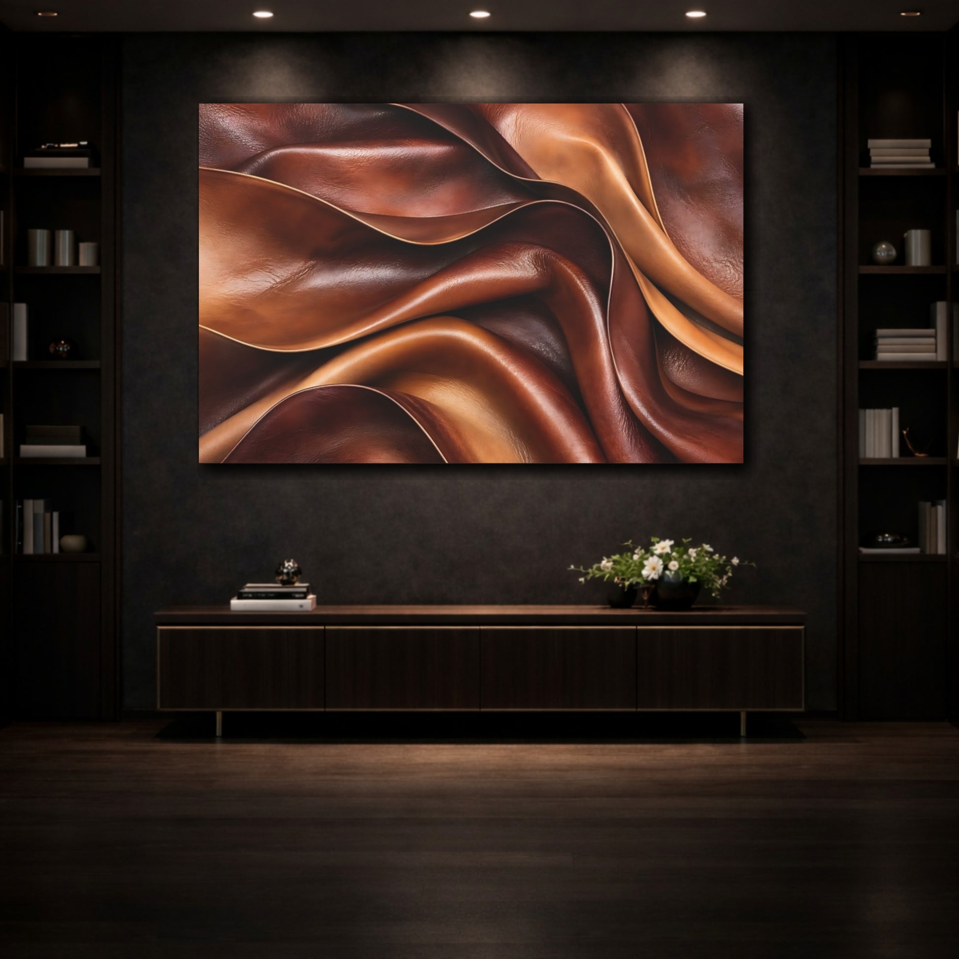 Mockup 3. Abstract Leather Folds Brown And Tan shown as stretched canvas wall art