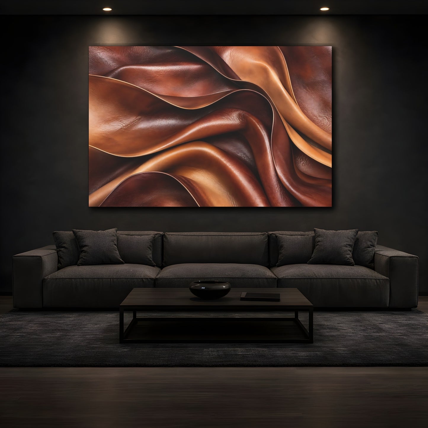 Mockup 4. Abstract Leather Folds Brown And Tan shown as stretched canvas wall art