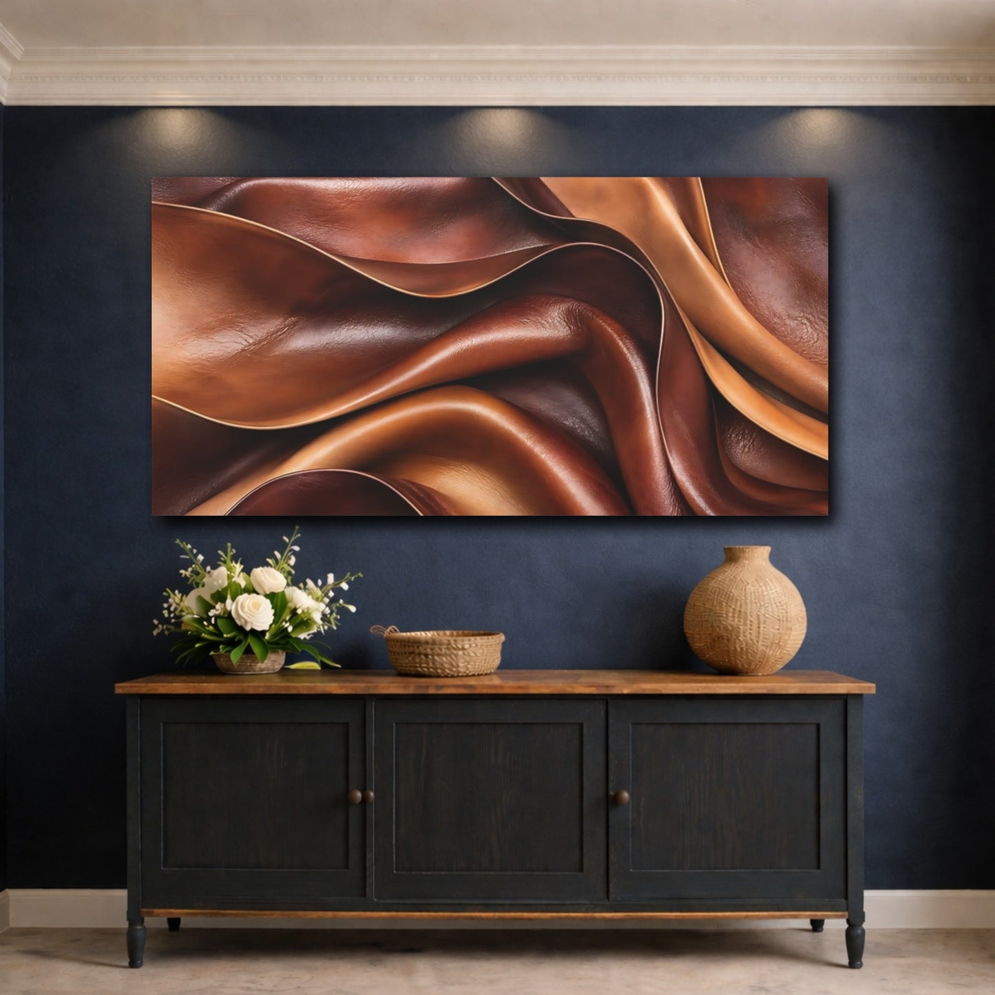 Mockup 4. Abstract Leather Texture Brown And Tan shown as stretched canvas wall art