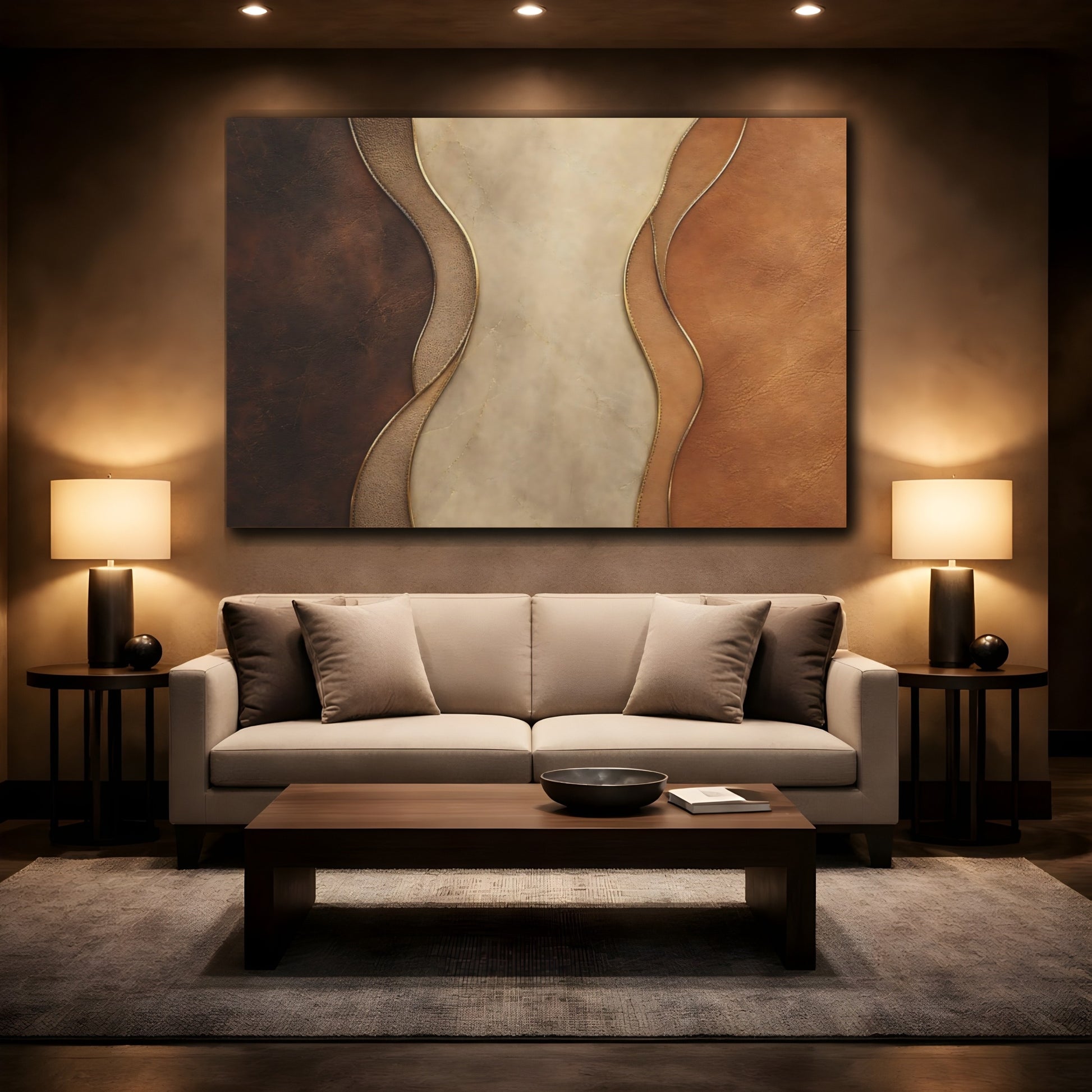 Mockup 2. Abstract Leather Texture Brown Beige Gold shown as stretched canvas wall art