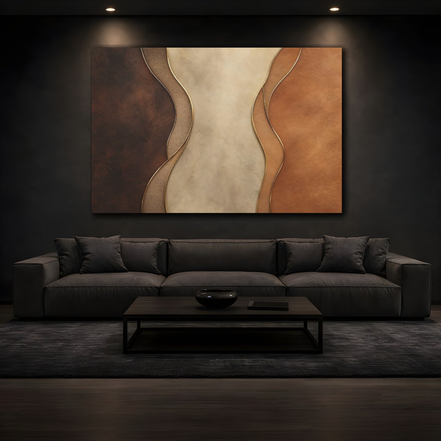Mockup 3. Abstract Leather Texture Brown Beige Gold shown as stretched canvas wall art