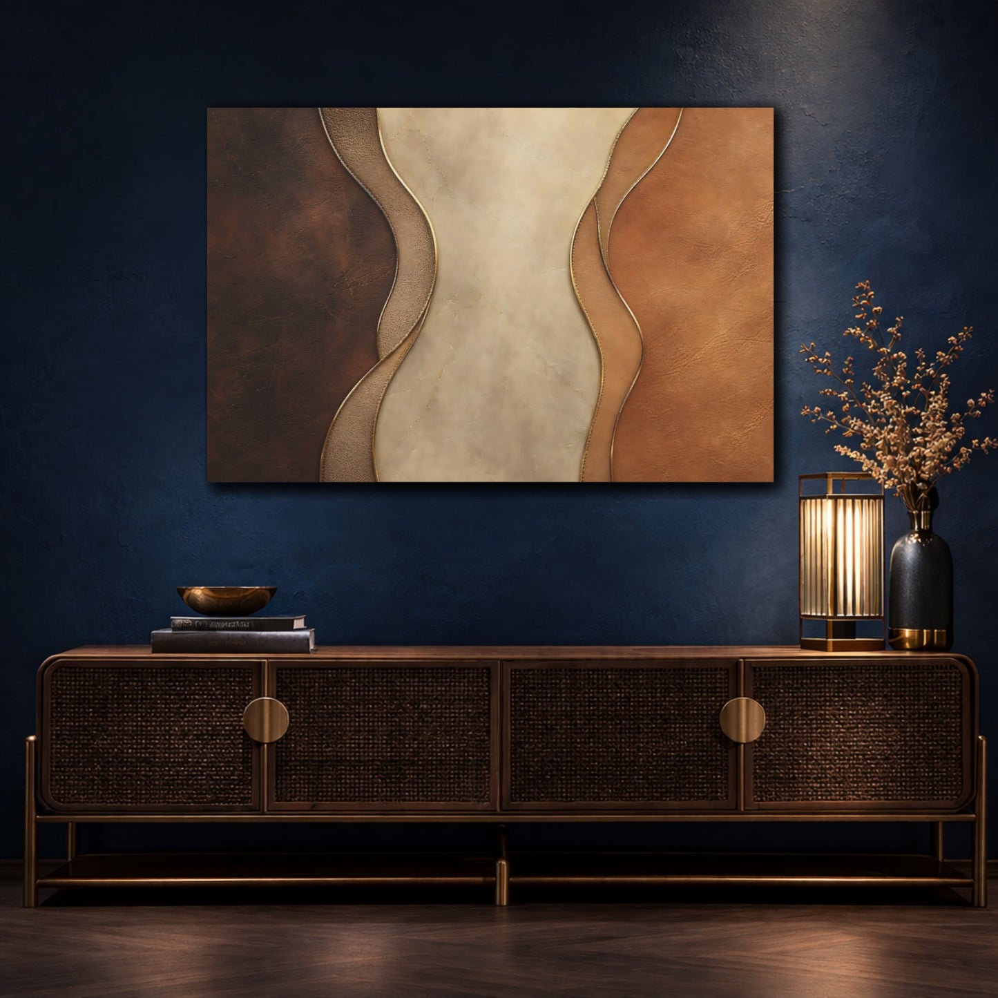 Mockup 4. Abstract Leather Texture Brown Beige Gold shown as stretched canvas wall art