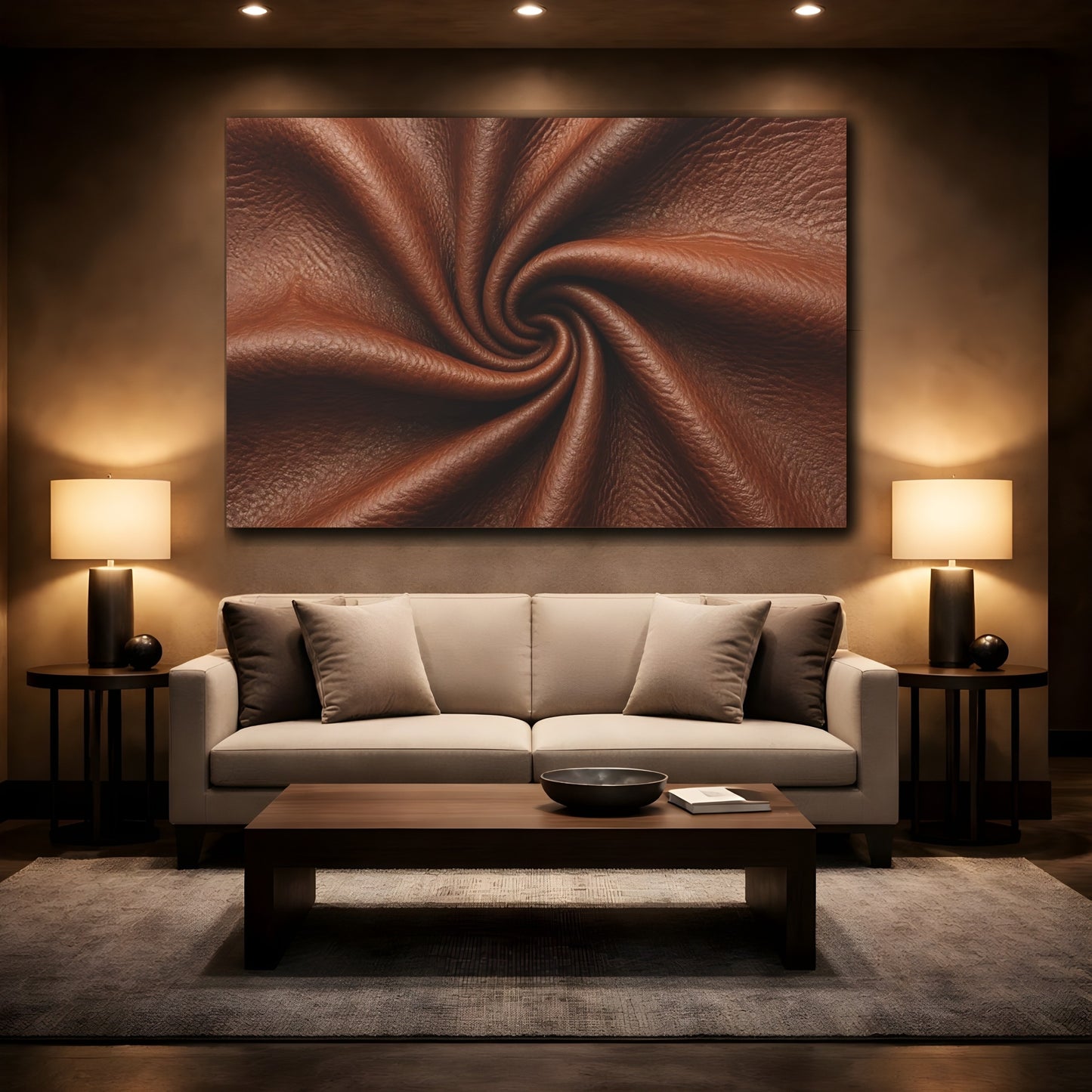 Mockup 2. Abstract Leather Texture Brown Leather Swirl shown as stretched canvas wall art